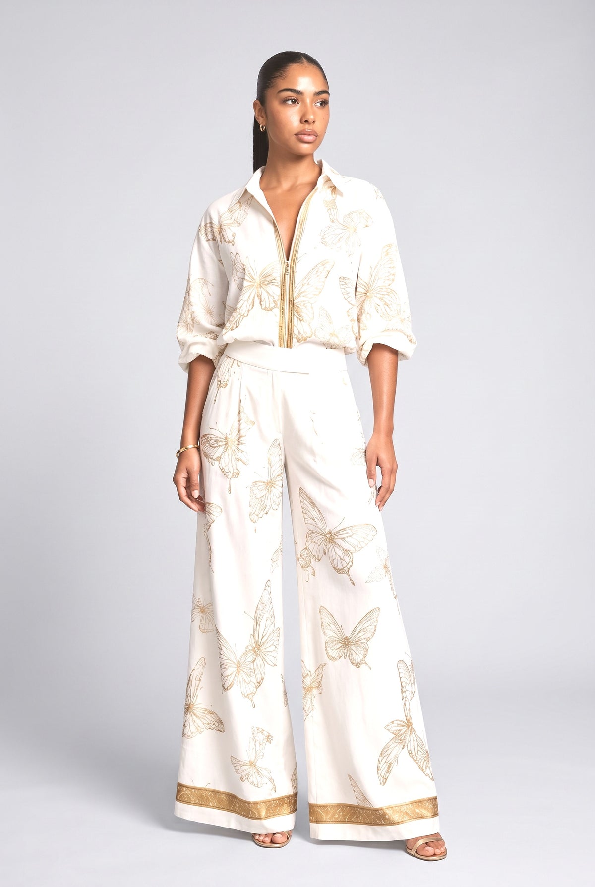 Butterfly Print Zip-Up Top & Wide Leg Pants Set, white set