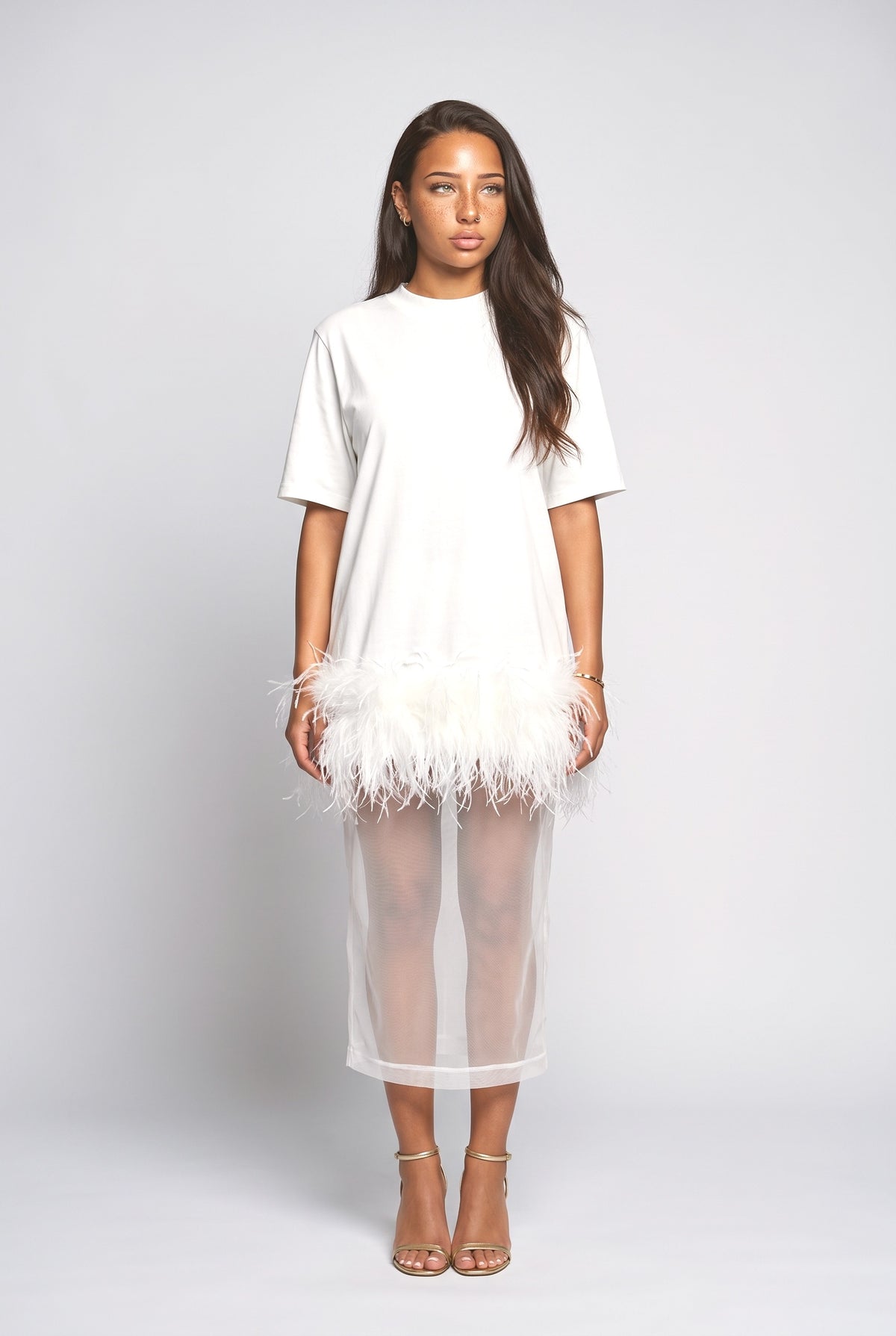 White Mesh Feather Trim Outfit Set, white set