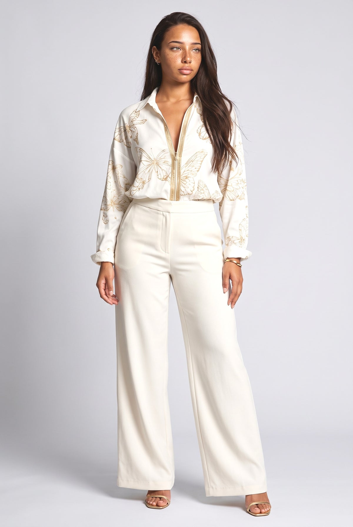 Butterfly Print Zip Shirt, white top
