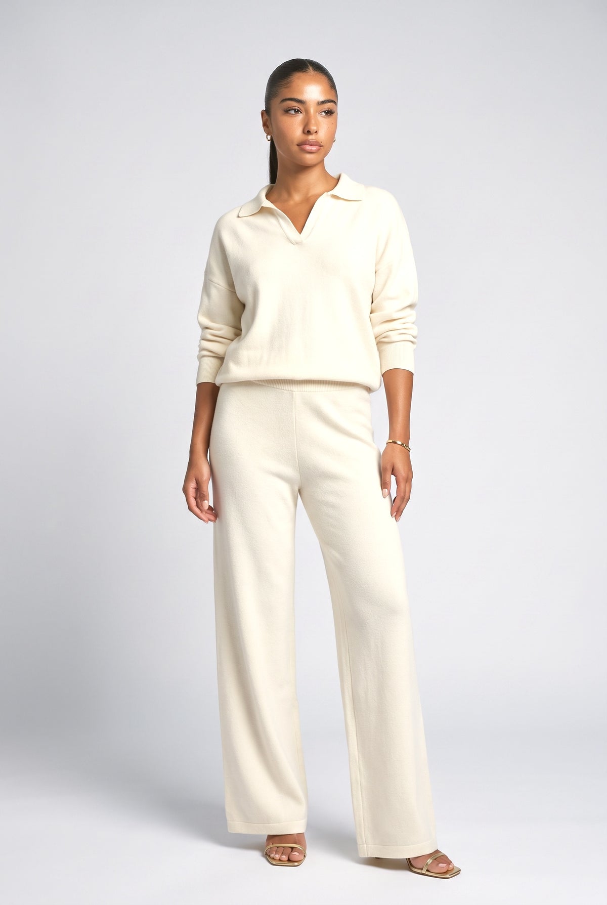 Polo Neck Knitted Pullover Wide Leg Pants Two-Piece Sets, white