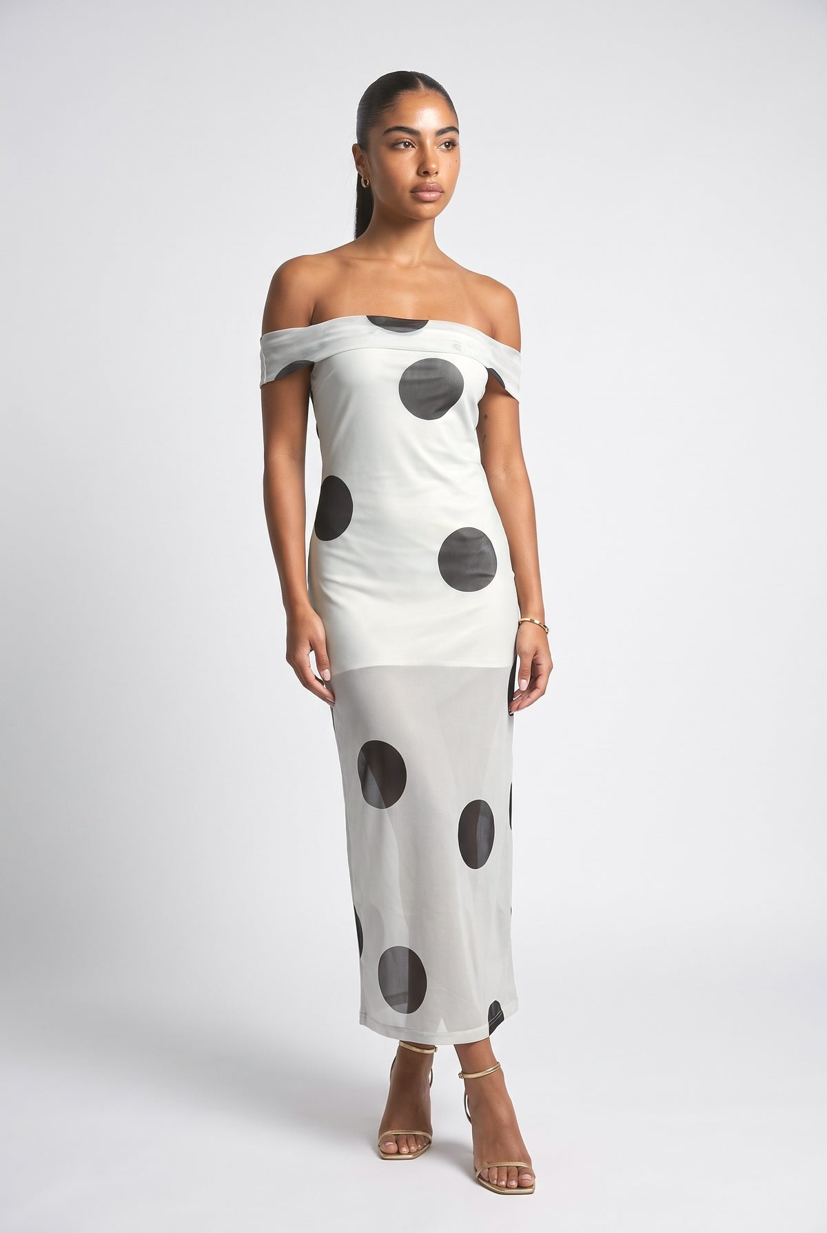 White Polka Dot Mesh Off-Shoulder Maxi Dress, white