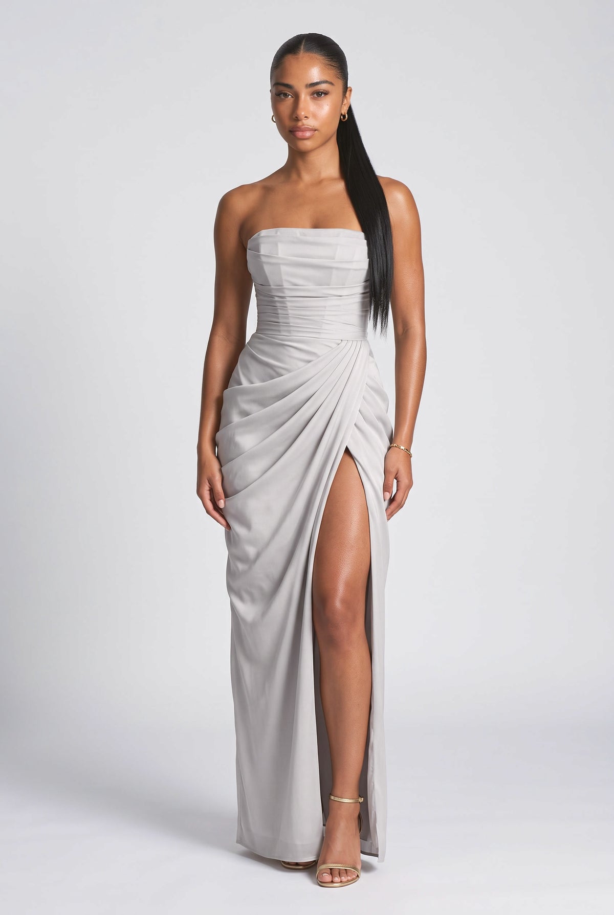 Strapless Pleated Maxi Dress, white