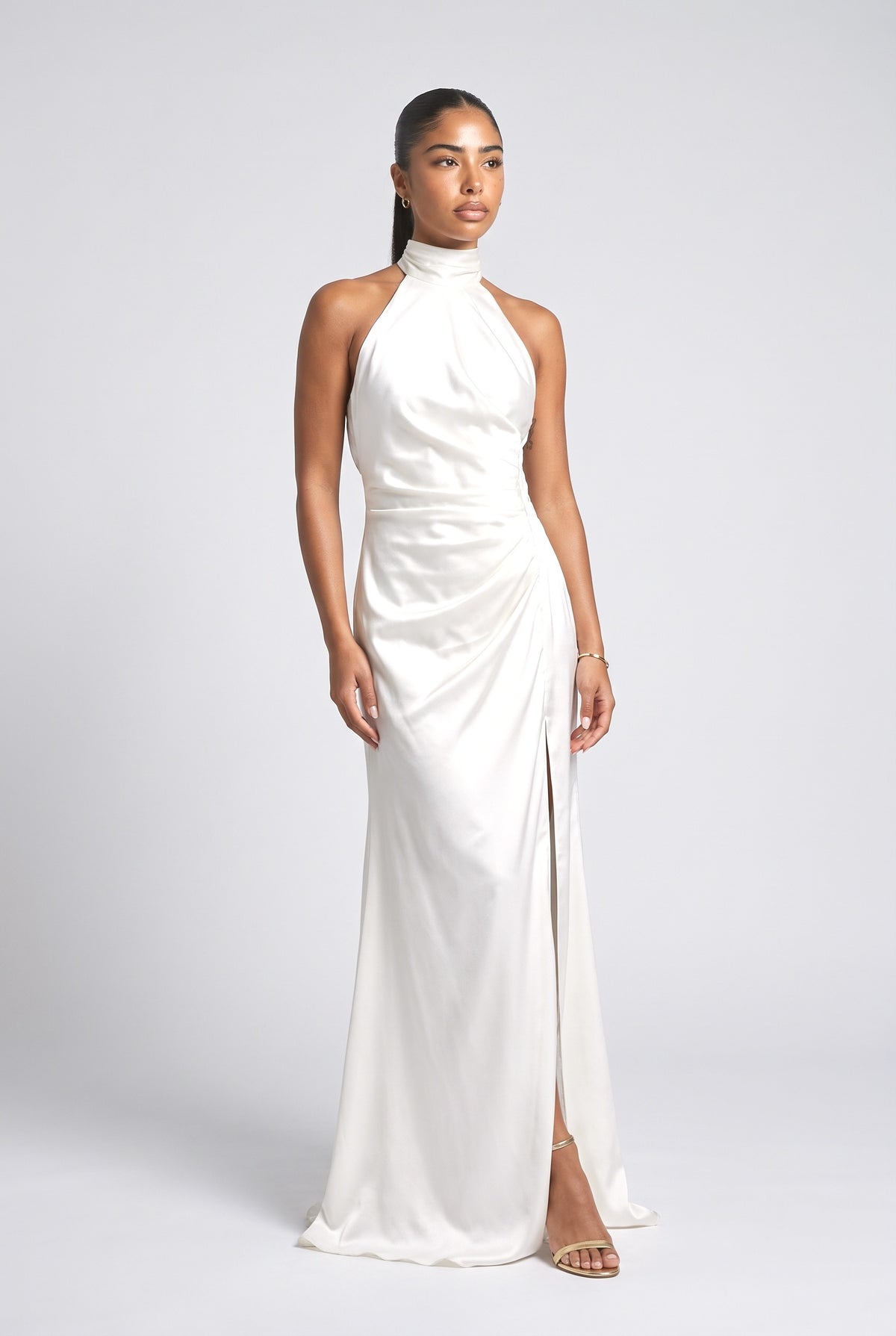 Satin Halter Neck Ruched Maxi Dress, white