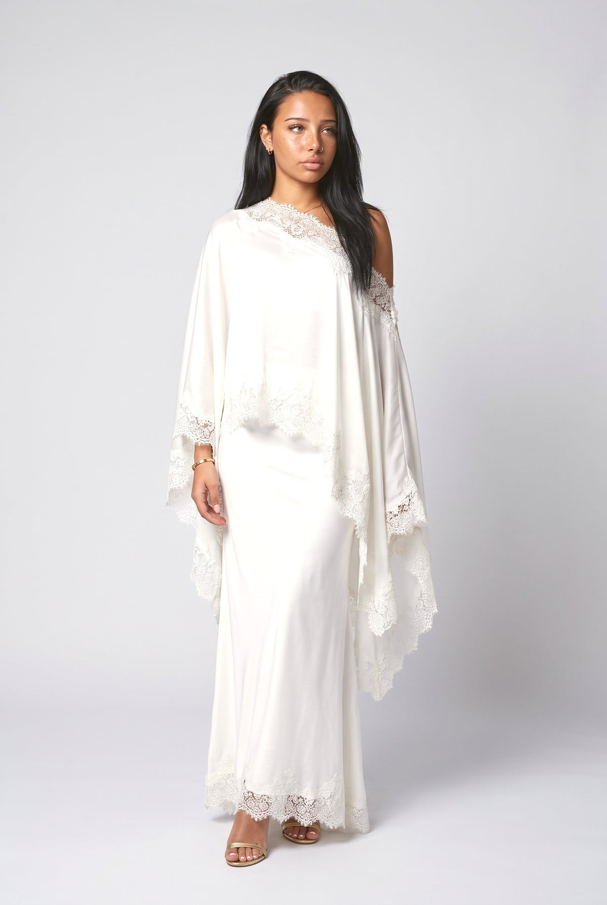 Satin Lace Shawl & Maxi Skirt Two-Piece Set, white