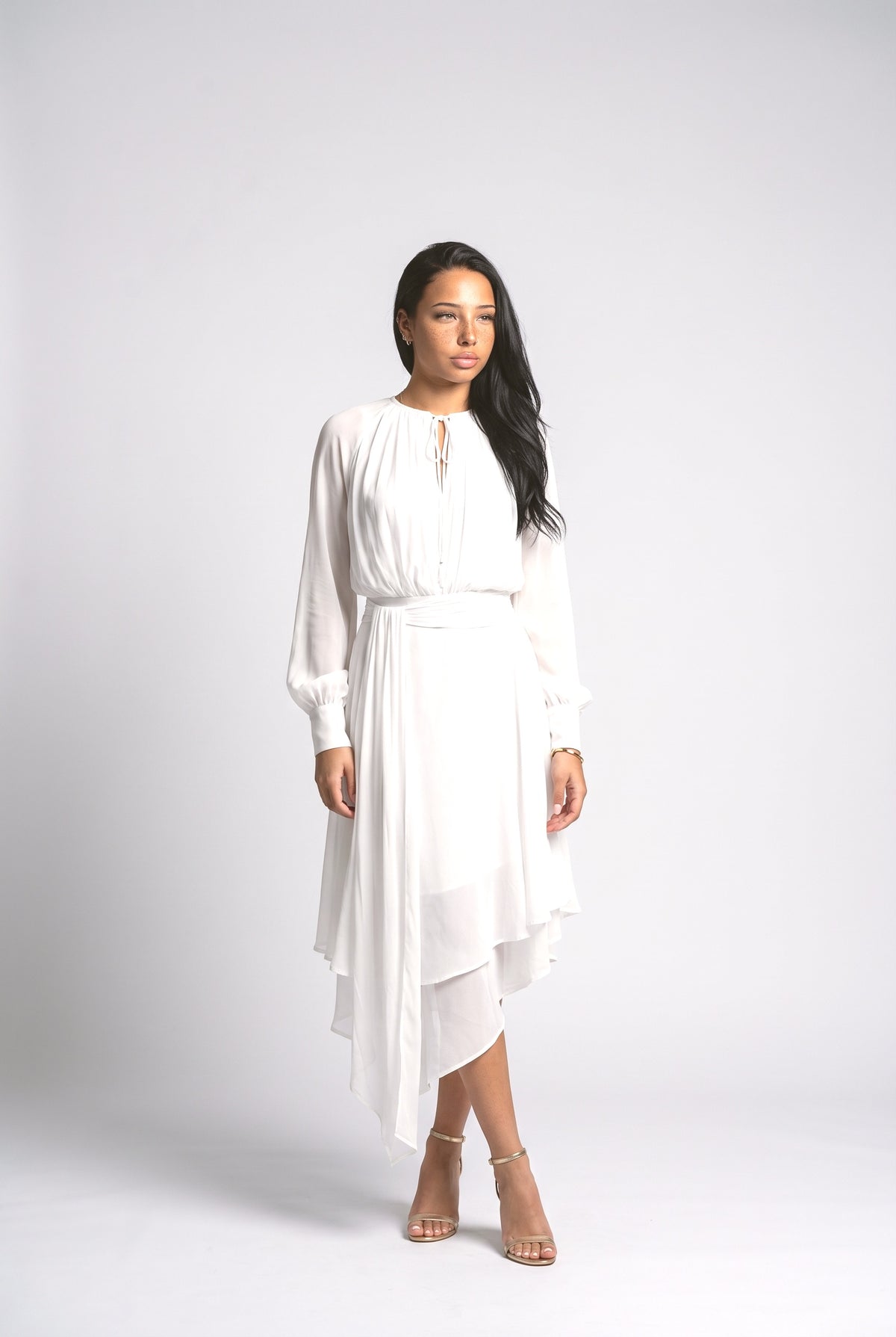 Chiffon Long Sleeve Asymmetric Midi Dress, white