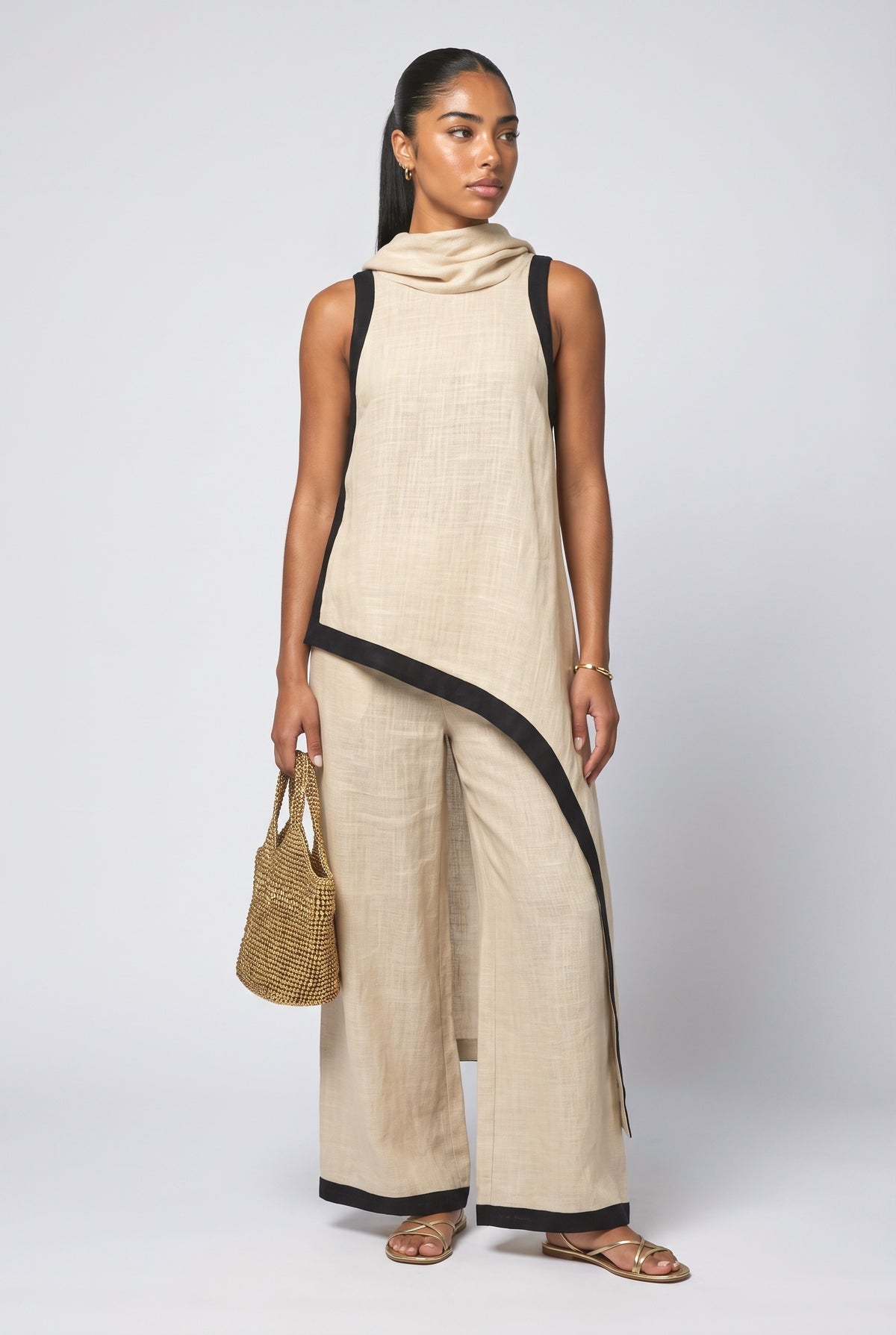 Color Contrast Design Irregular Hem Top and Wide Leg Pants Set, white