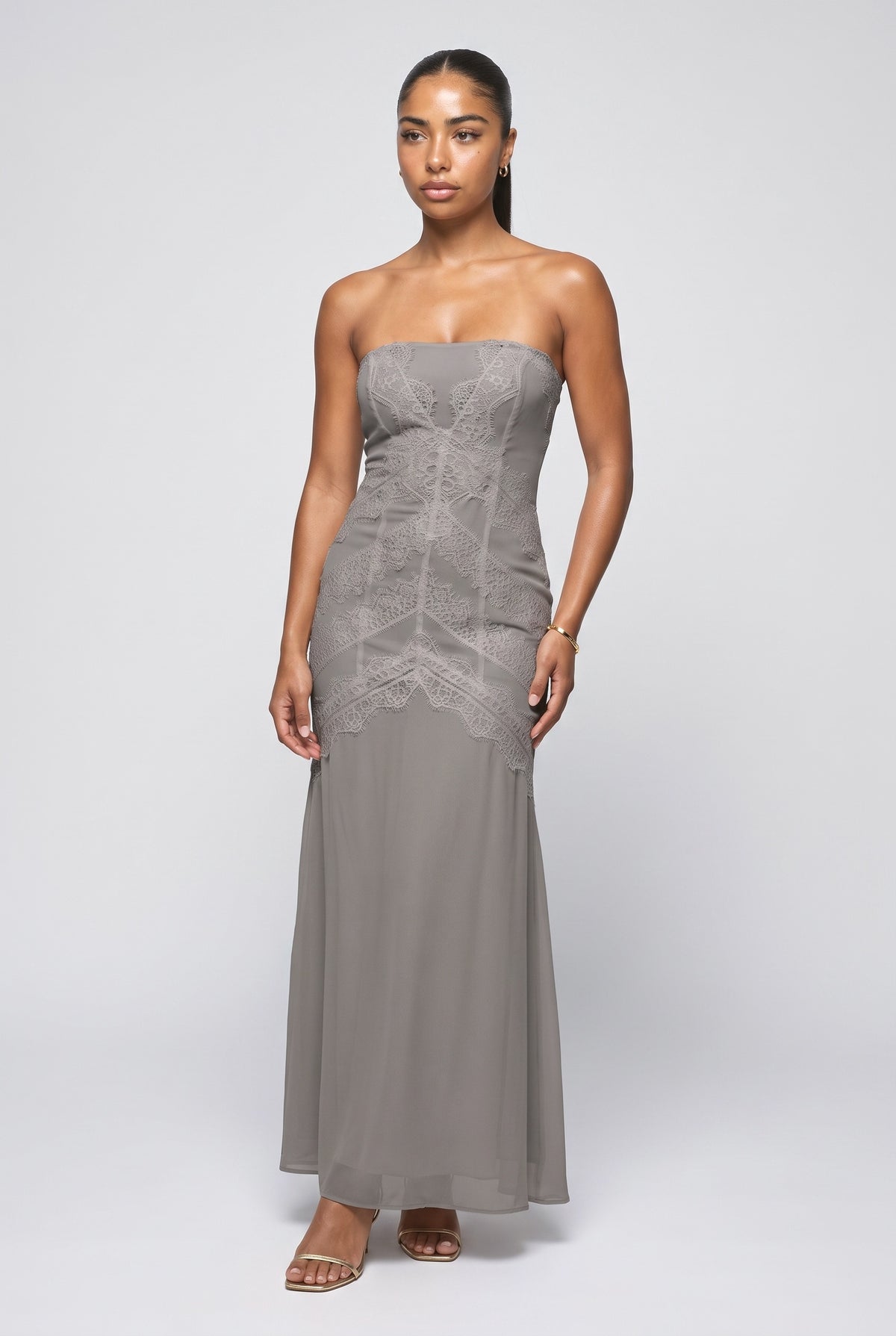 White Lace Strapless Maxi Dress, white