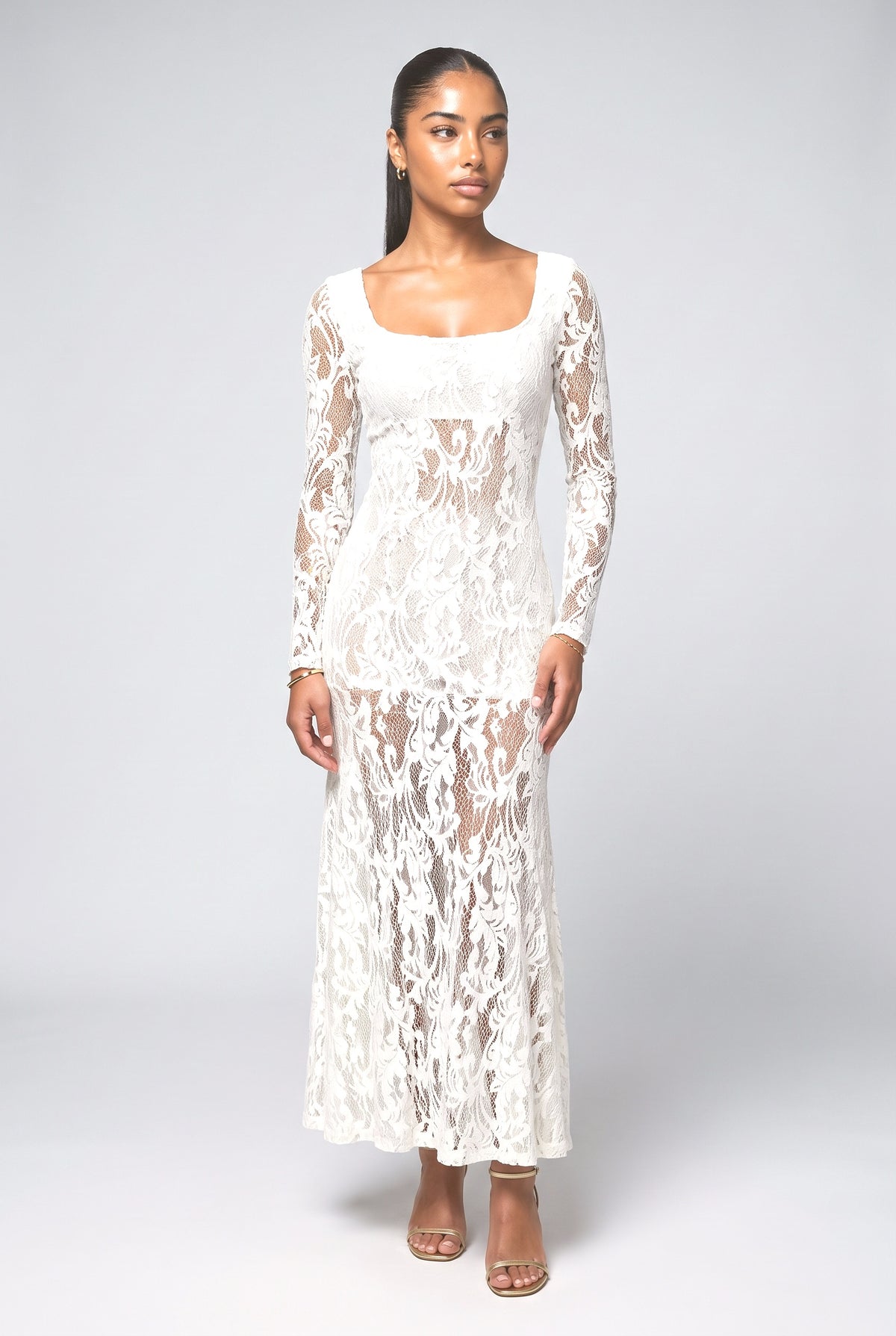 White Lace Square Neck Maxi Dress, white