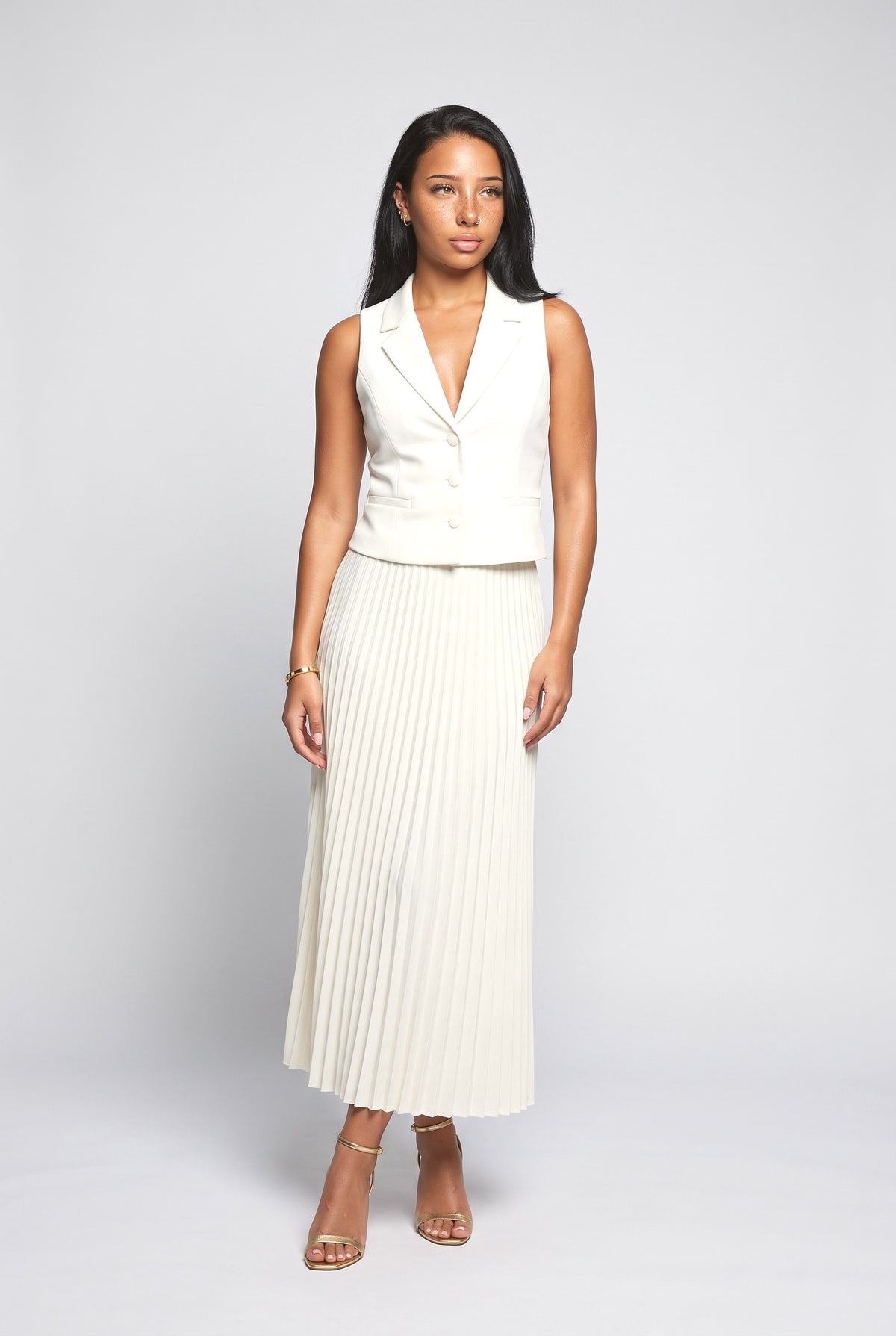 Suit Collar Vest and Midi Pleated Skirt Sets, white