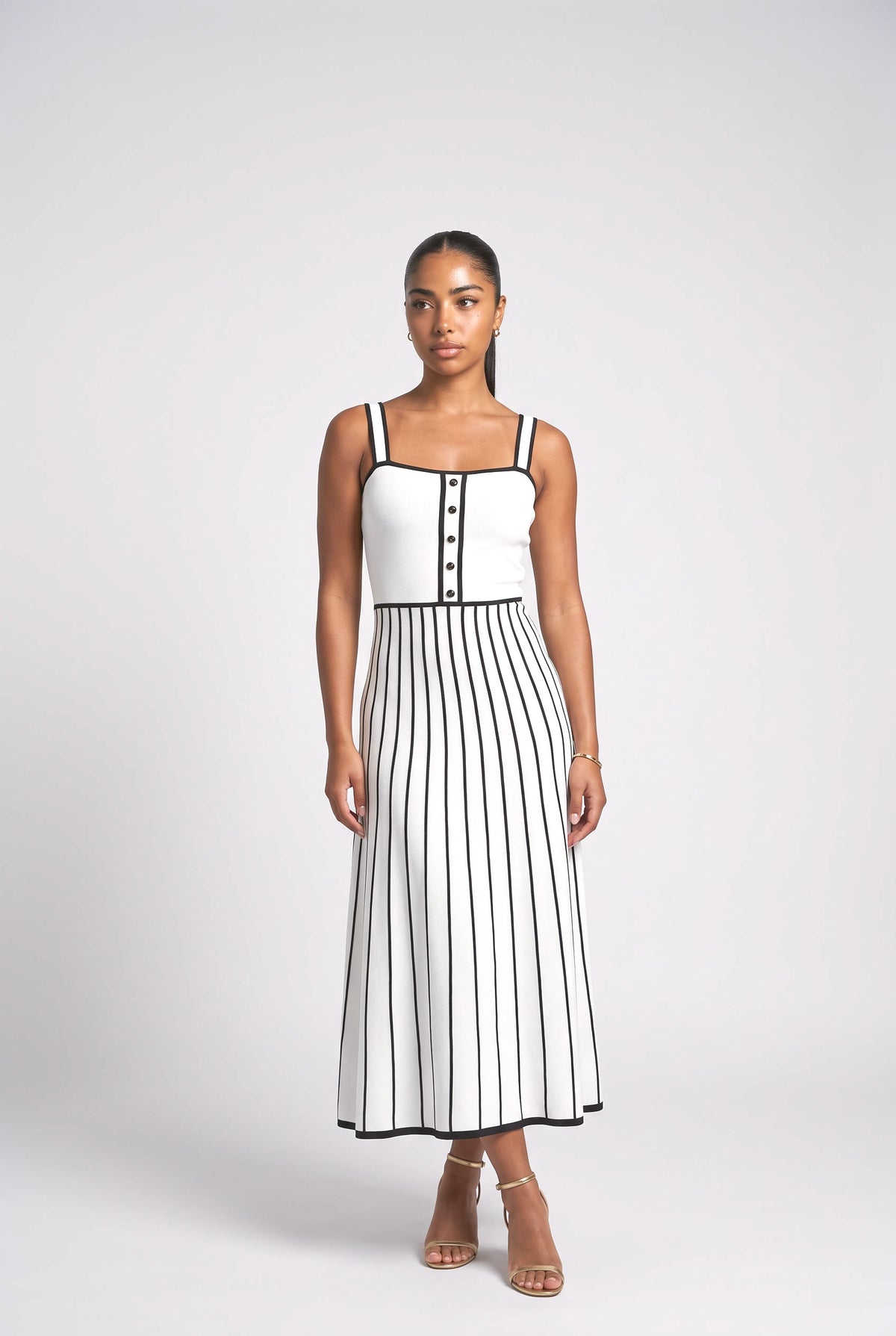 White Striped Knit Midi Dress, white