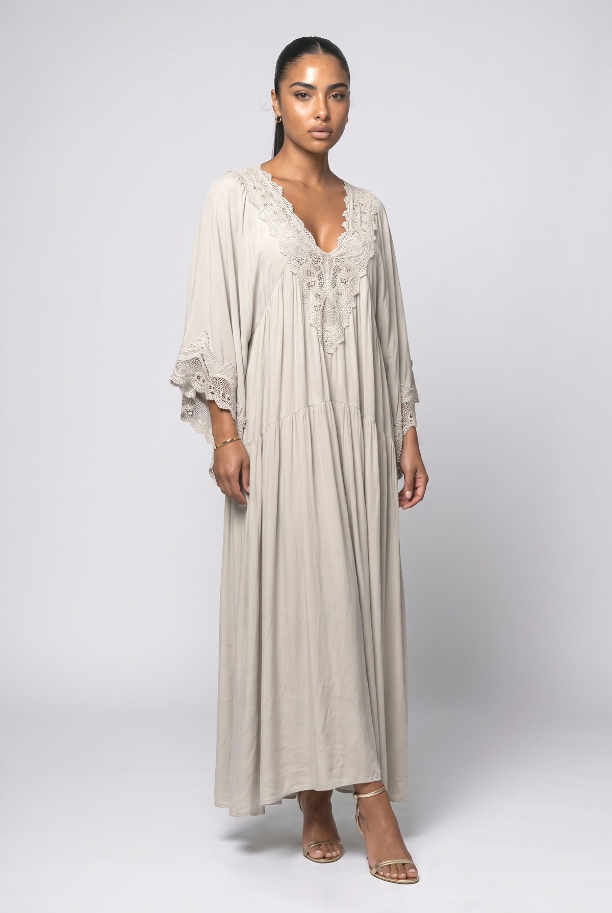 White Lace Batwing Sleeve Flowy Maxi Dress, white