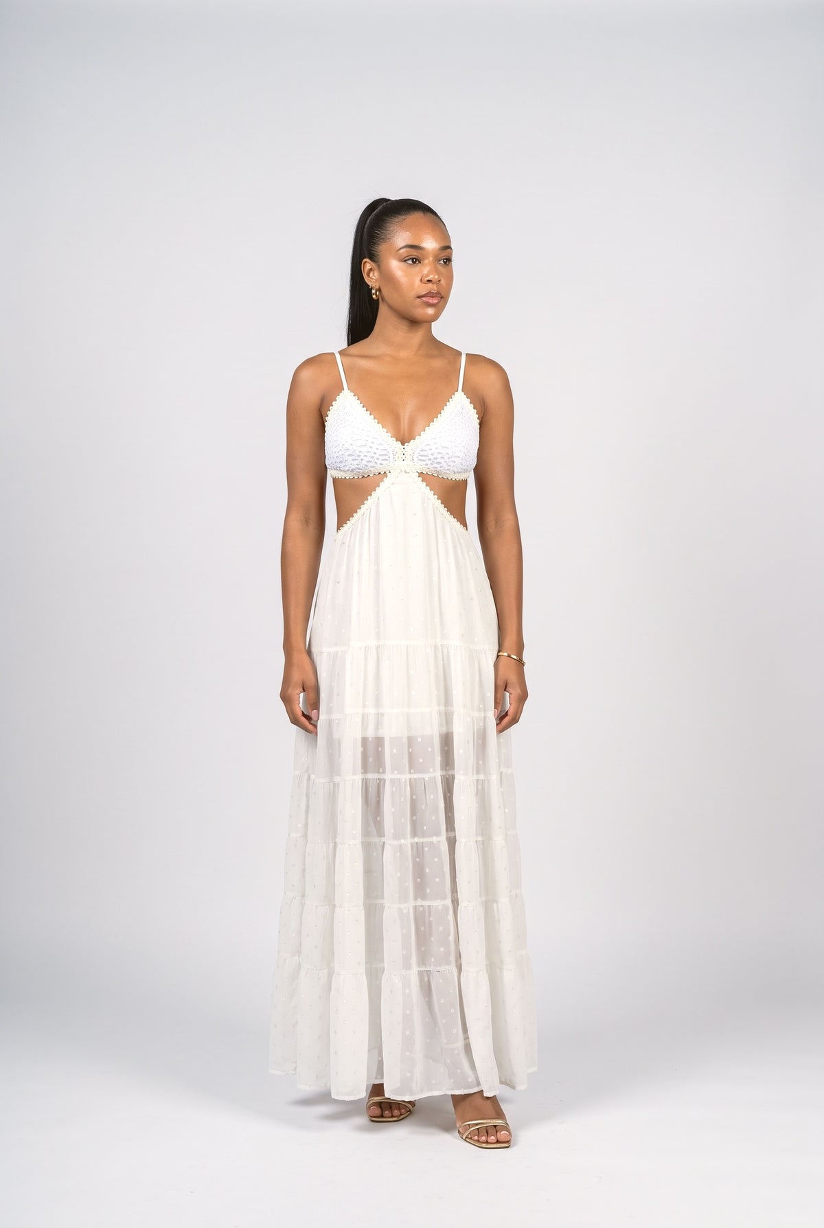 White Polka Dot Chiffon Cutout Maxi Dress, white