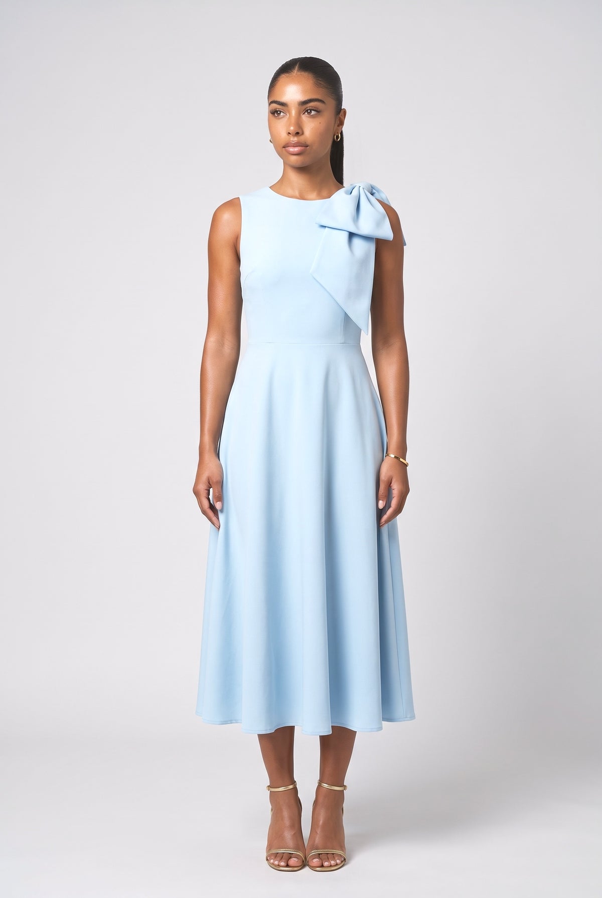 Sleeveless Bow Detail Slim-Fit Midi Dress, white