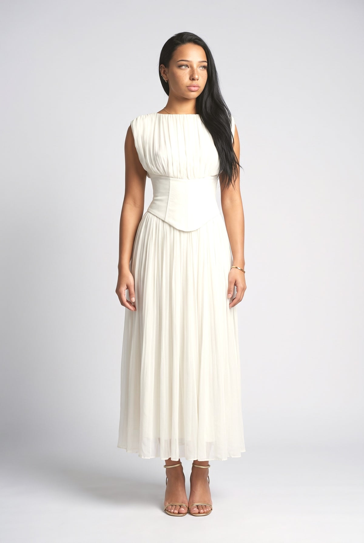 White Chiffon Sleeveless Ruched Maxi Dress, white