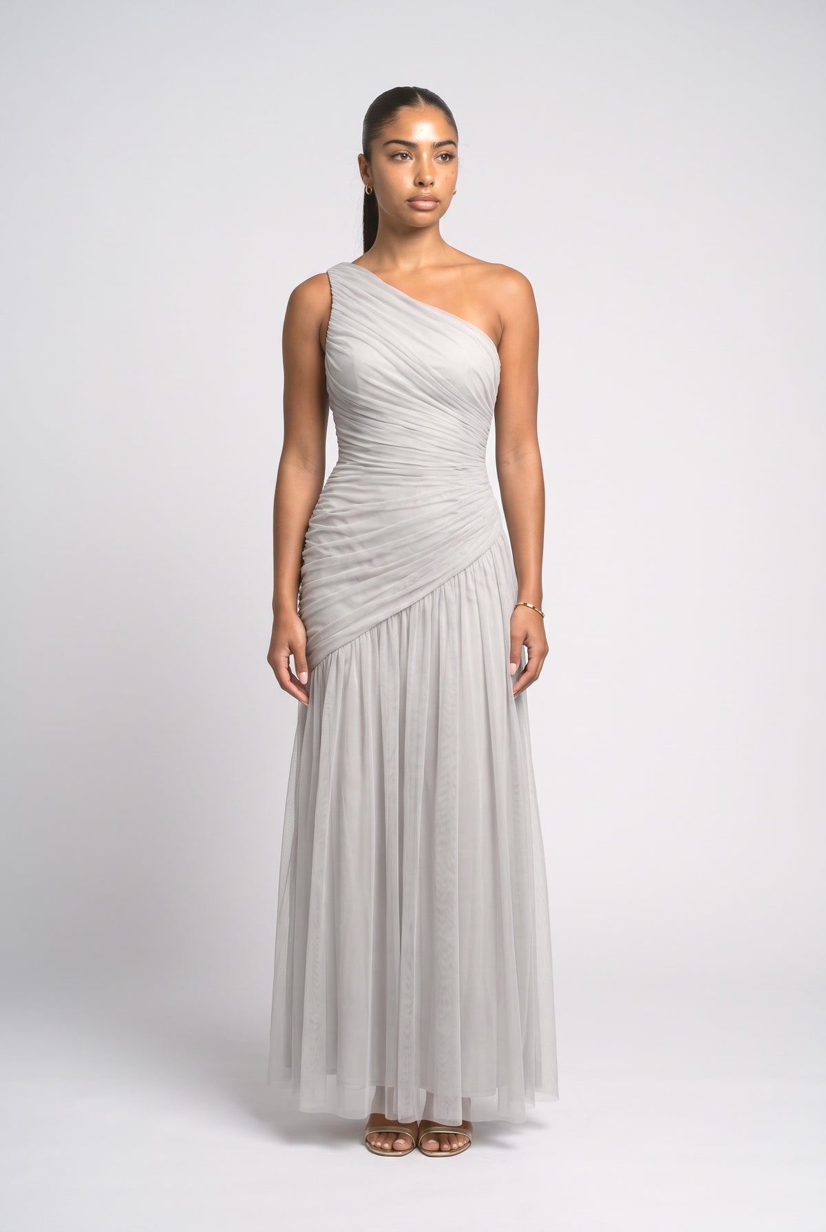 Tulle One-Shoulder Ruched Maxi Dress, white