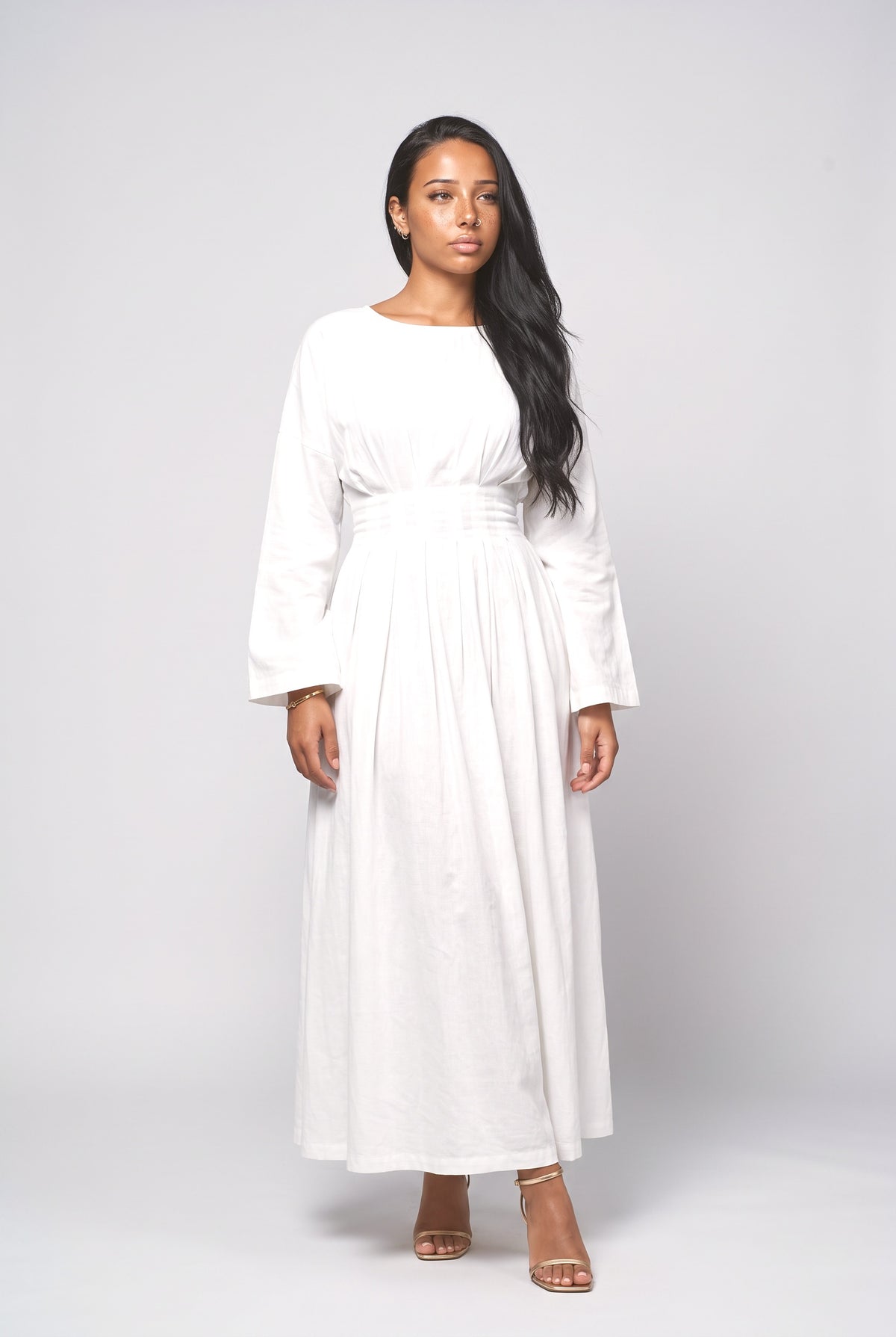 Long Sleeve Pleated Maxi Dress, white