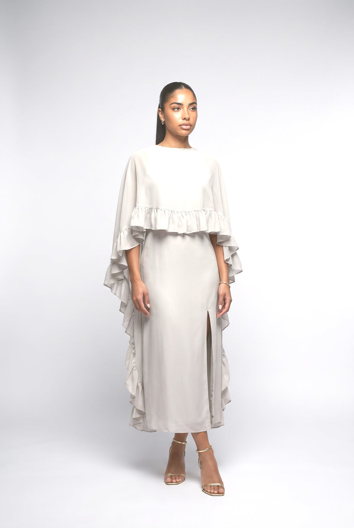 Ruffle Cape Sleeve Slit Maxi Dress, white