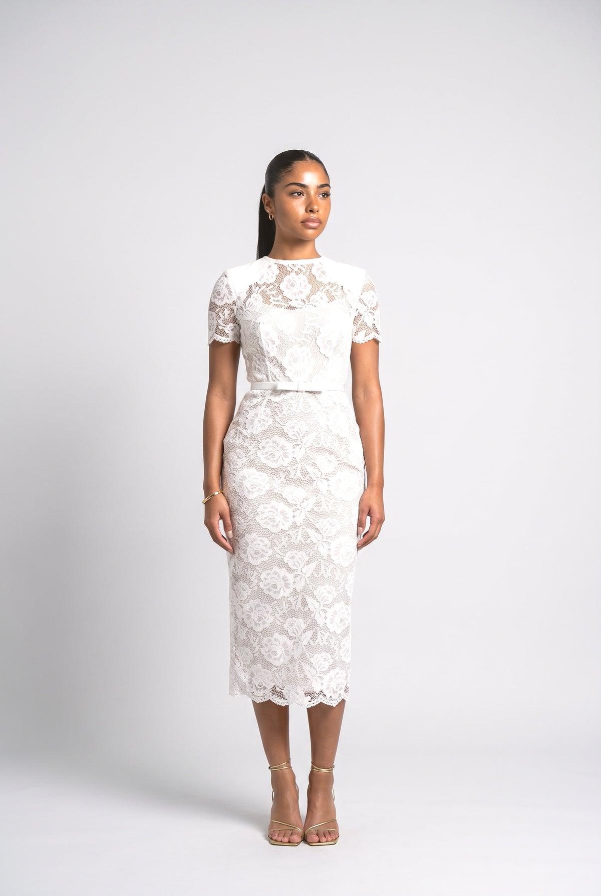 White Floral Lace Midi Dress, white