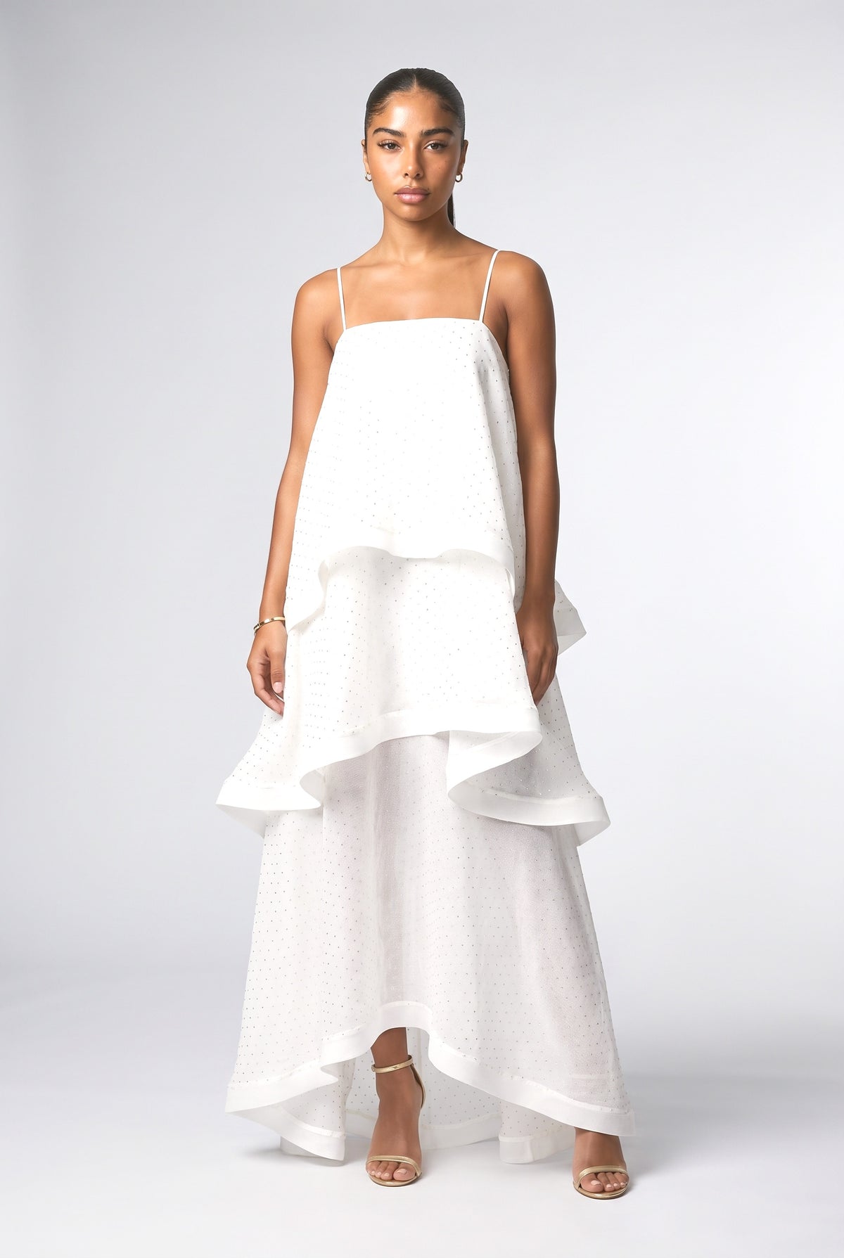 Polka Dot Tiered Maxi Dress, white