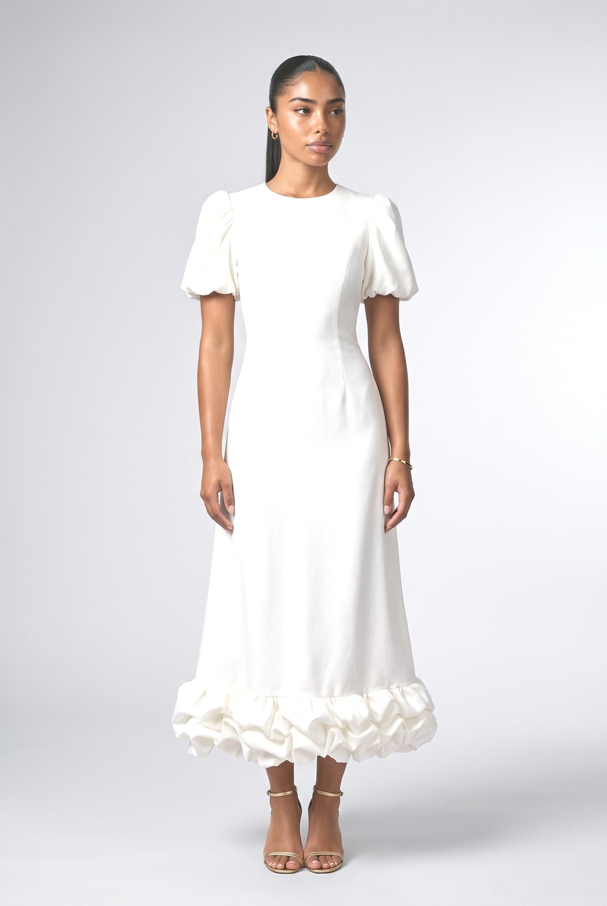Puff Sleeve Ruffle Maxi Dress, white