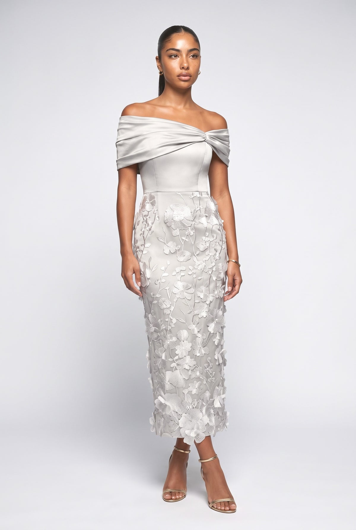 Floral Embroidered Off-Shoulder Maxi Dress, white