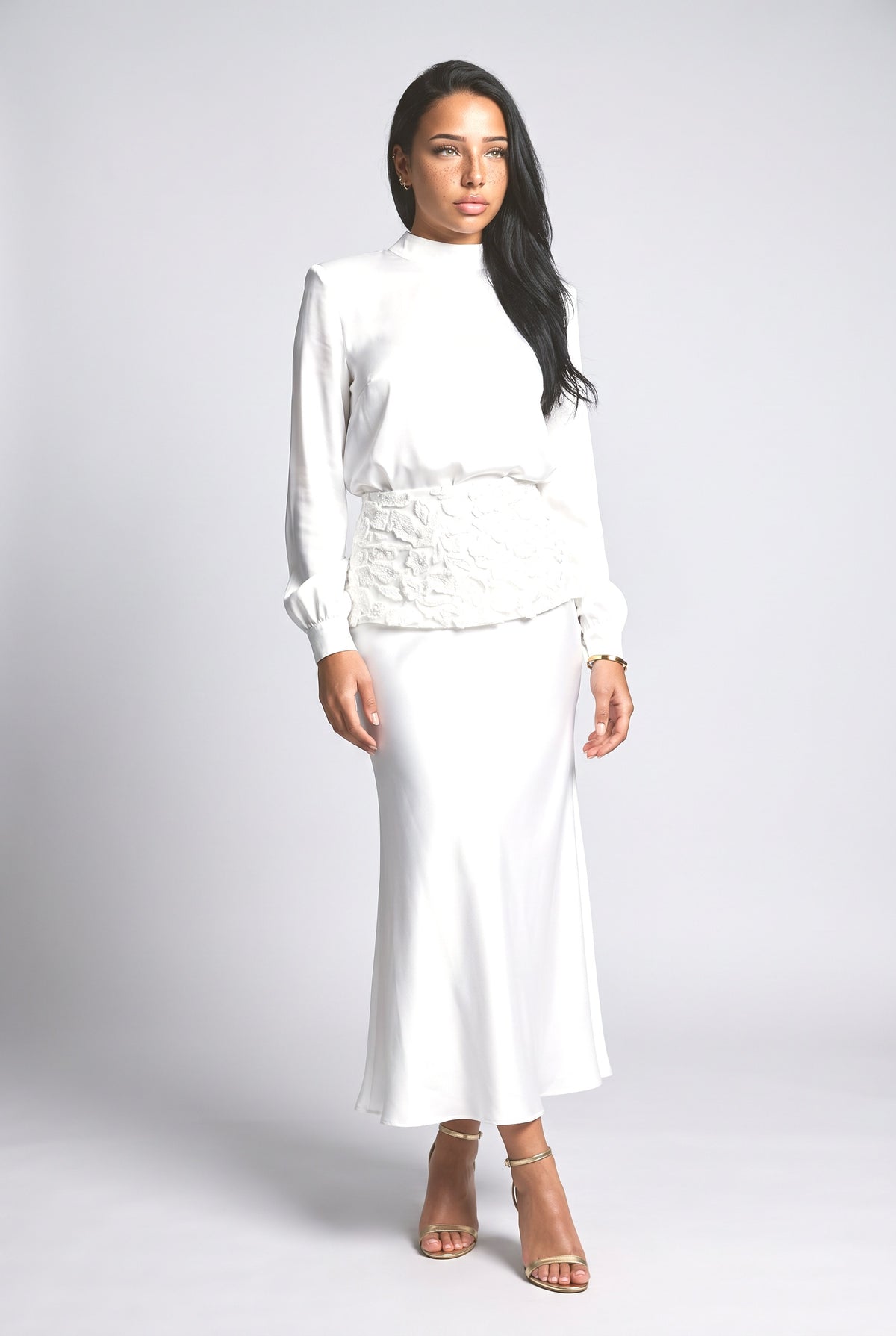 Satin Top & Embroidered Waistband Skirt Two-Piece Set, white
