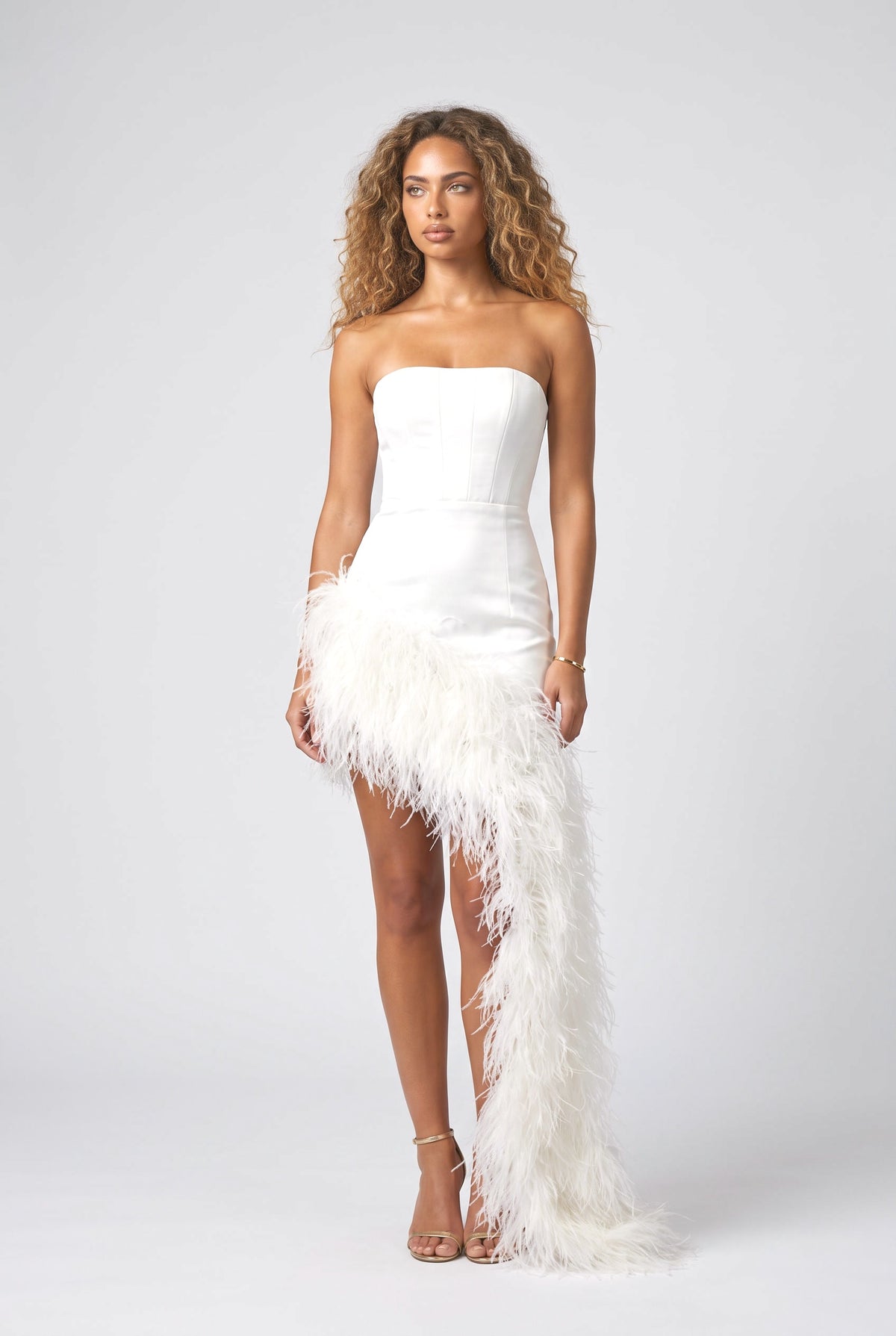 White Satin Strapless Feather Trim Maxi Dress, white