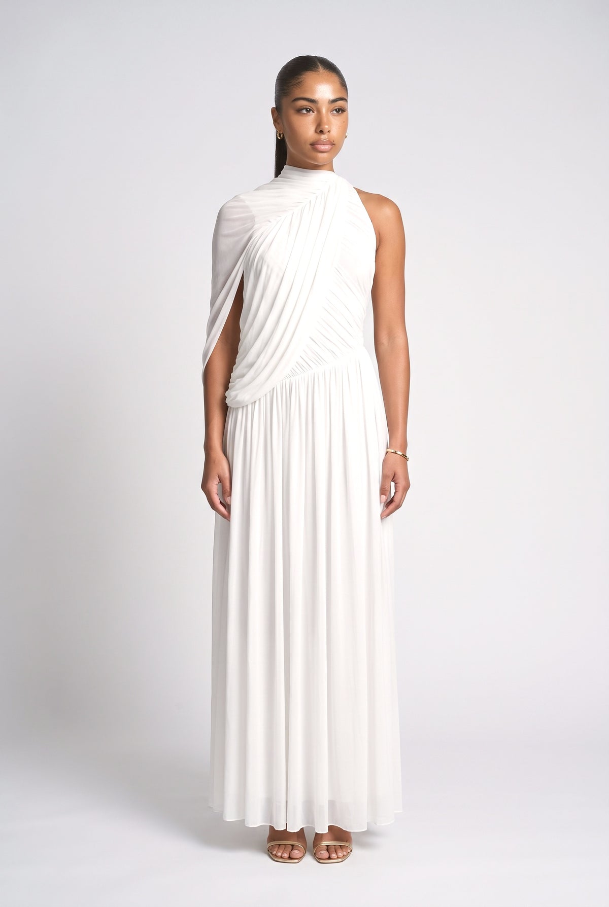 One Shoulder Draped Ruched Maxi Dress, white