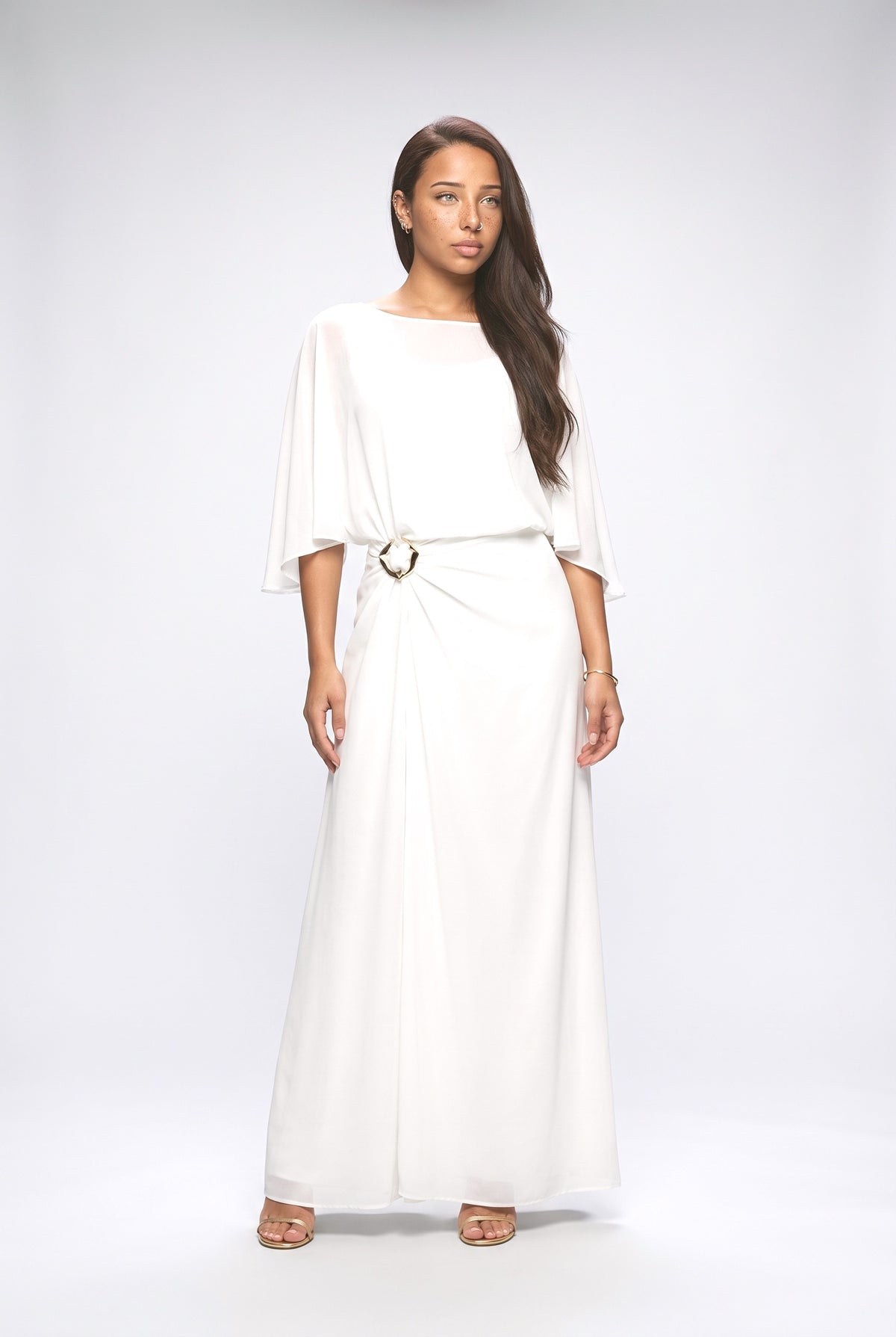 Chiffon Cape Top & Wide-Leg Pants Two-Piece Set, white