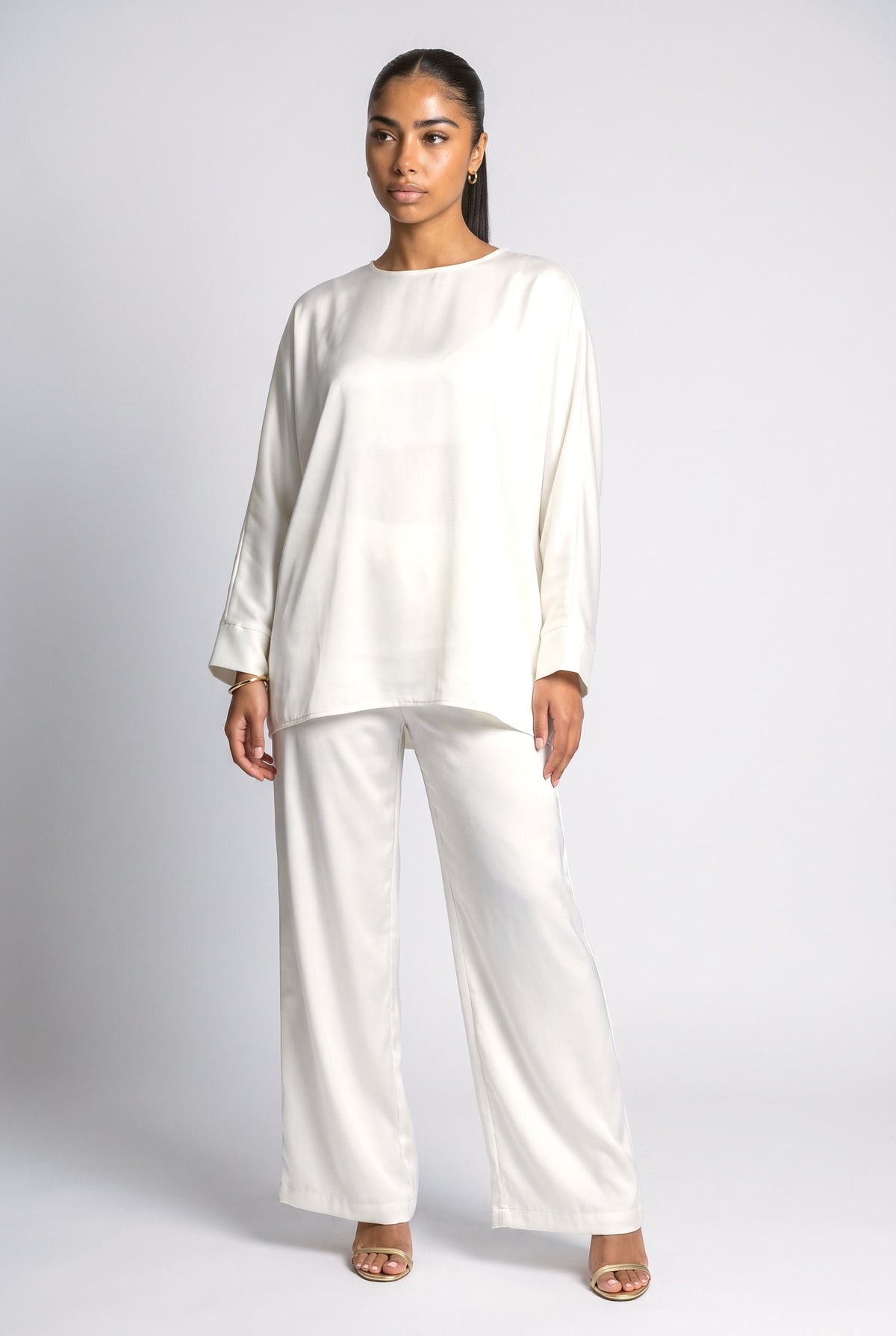 Satin Batwing Sleeve Top Two-Piece Set, white