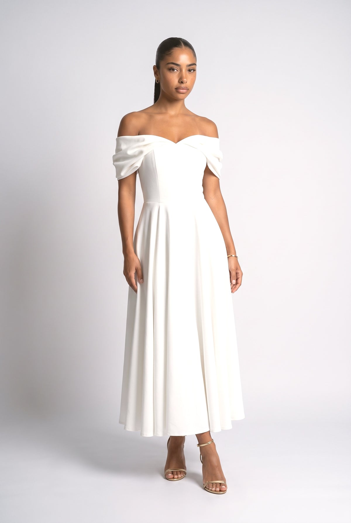 Off-Shoulder Draped Maxi Dress, white