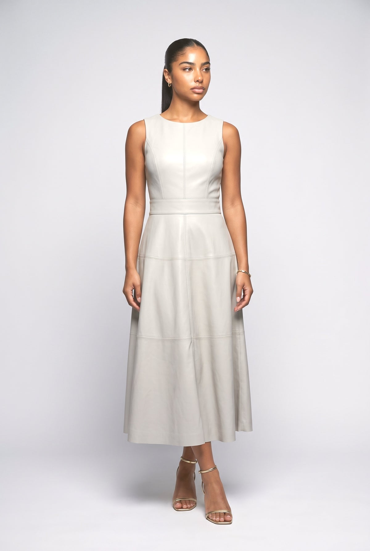 Sleeveless Leather-Look Midi Dress, white