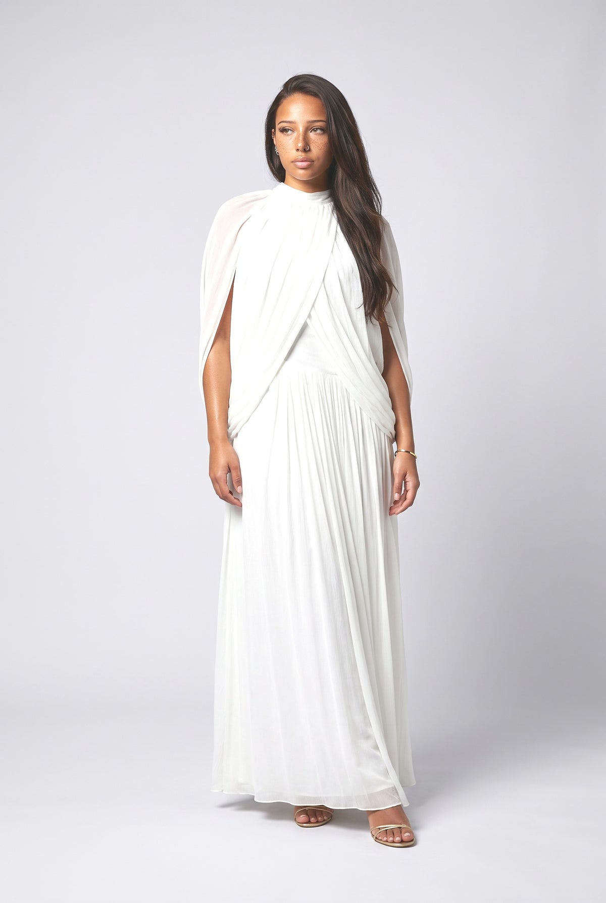 Draped Cape Sleeve Pleated Maxi Dress, white