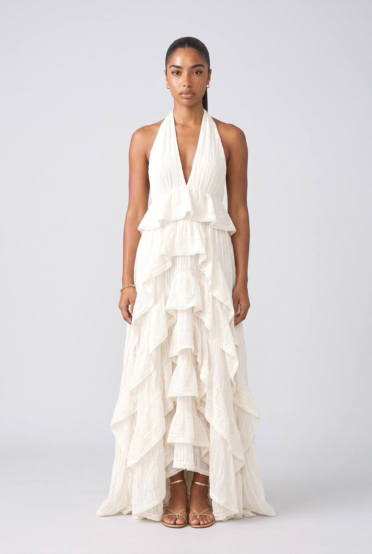 Layered Ruffle Bohemian Beach Maxi Dress, white