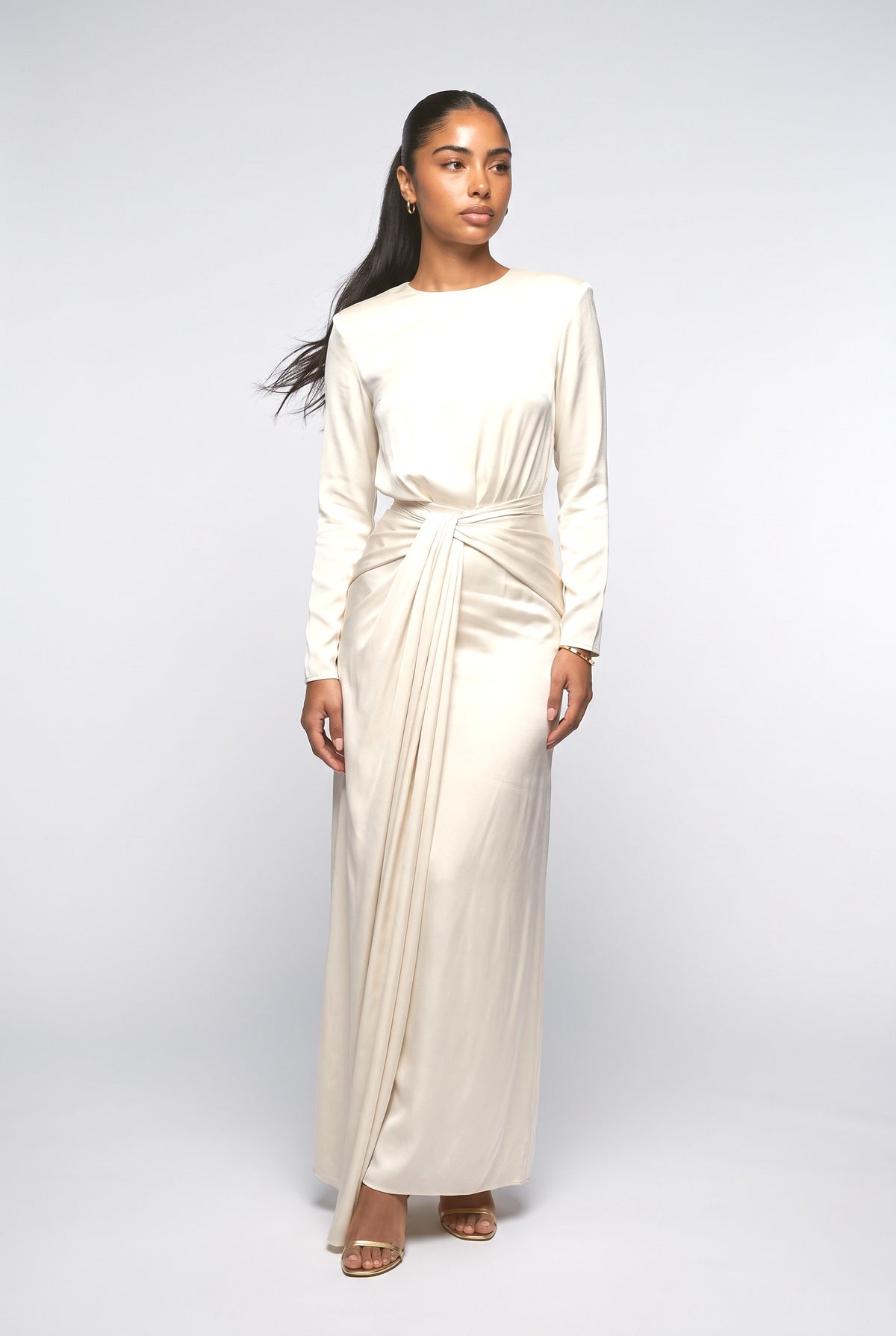 Satin Draped Maxi Dress, white