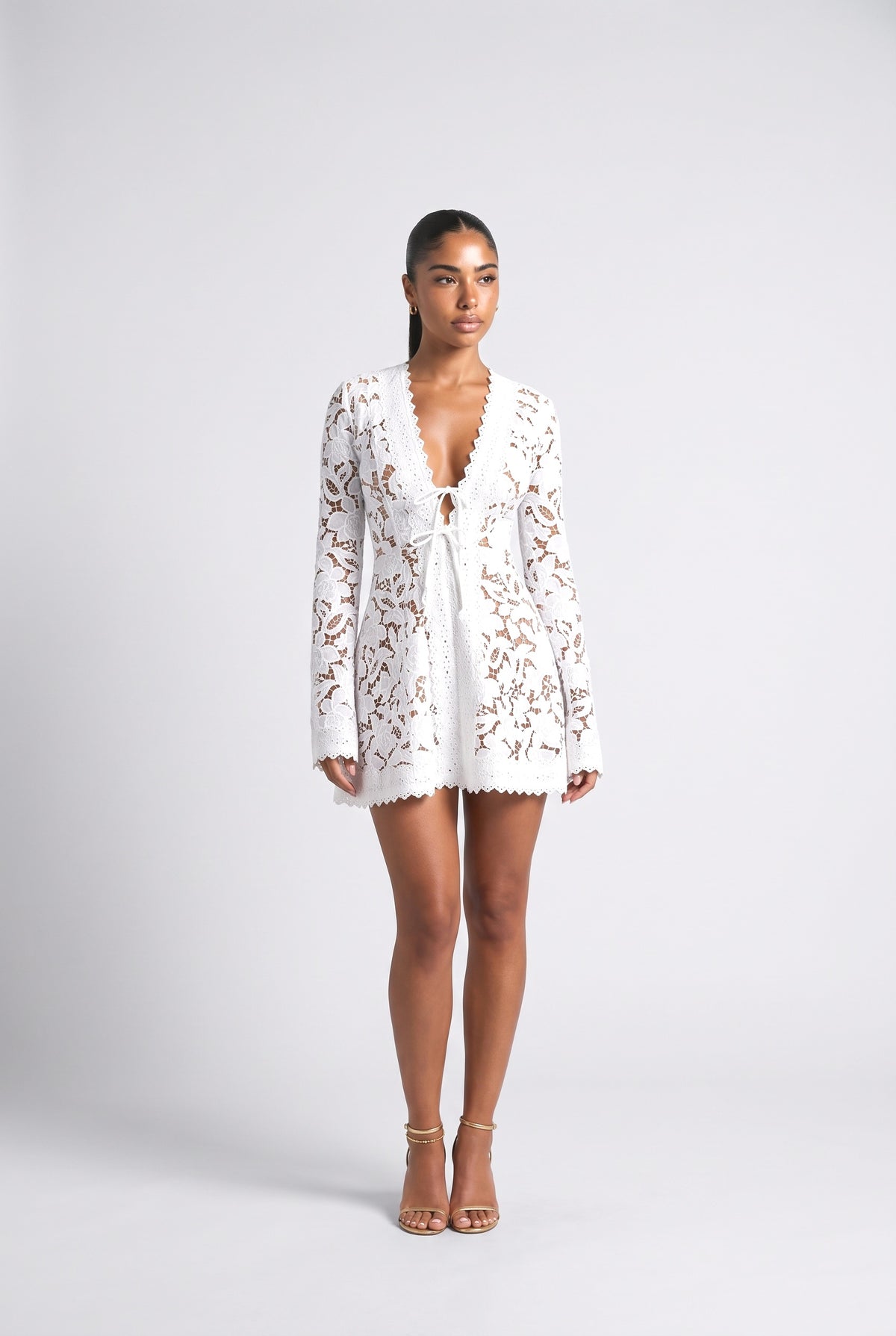 White Lace V-Neck Mini Dress, white