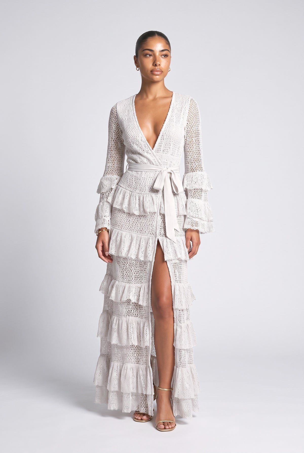 White Lace Wrap Maxi Dress, white