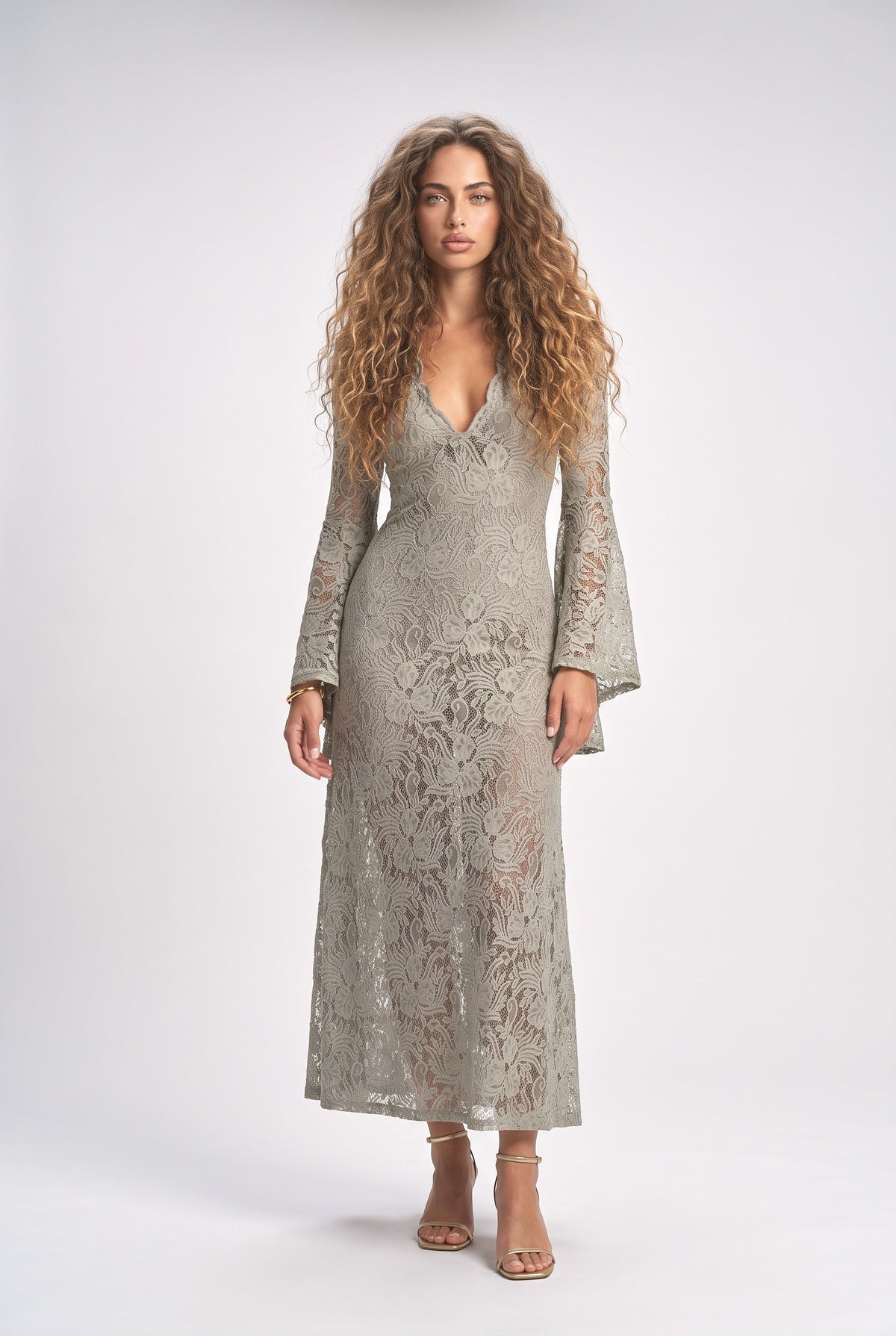 White Lace Bell Sleeve Maxi Dress, white