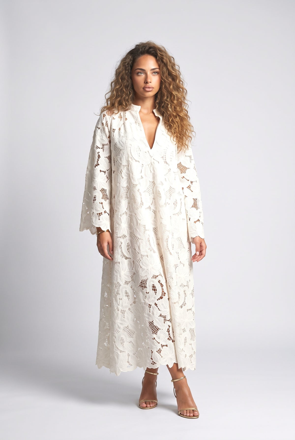 White Lace V-Neck Long Sleeve Dress, white