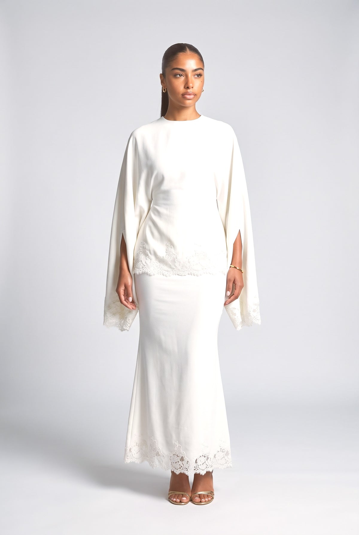 White Lace Batwing Sleeve Mermaid Outfit Set, white