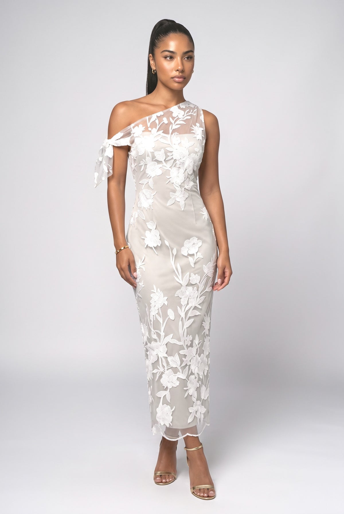 Floral One-Shoulder Maxi Dress, white