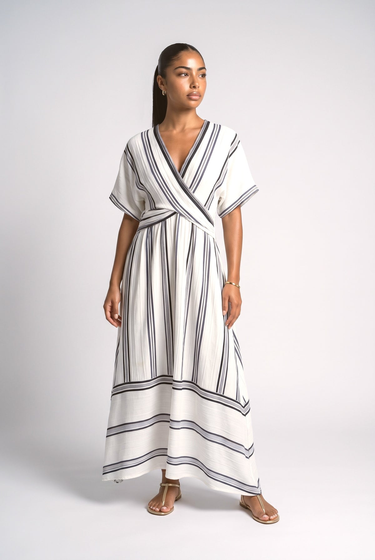 White Striped V-Neck Maxi Dress, white