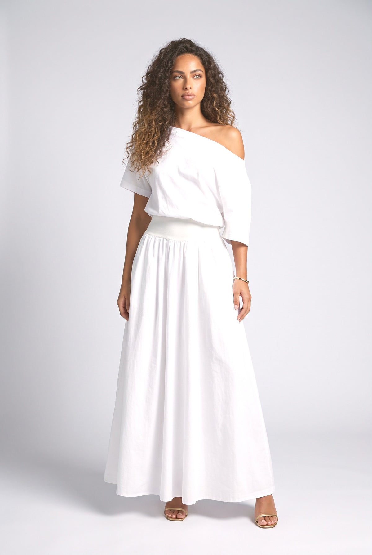 White Off-Shoulder A-Line Maxi Dress, white
