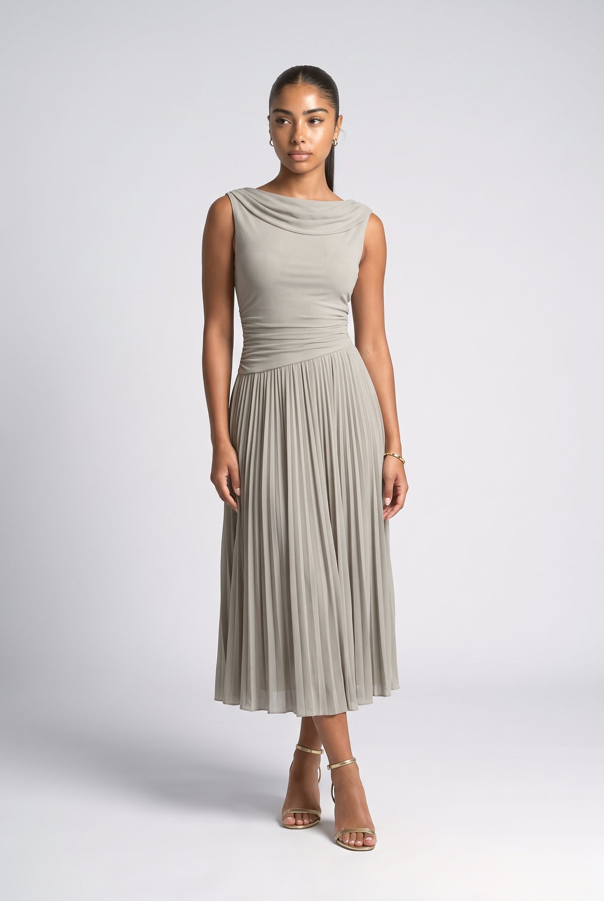 Pleated Midi Dress, white