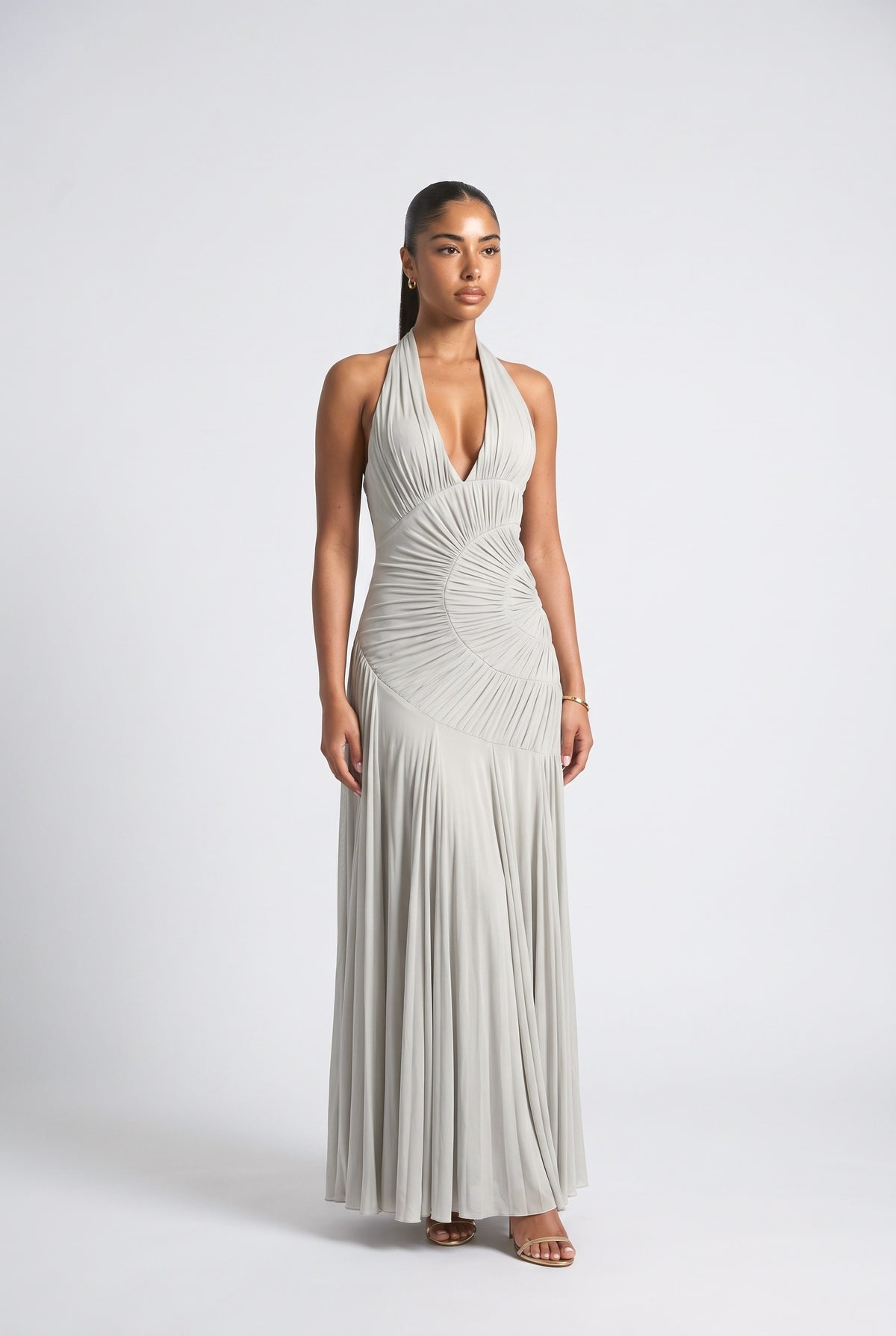 Halter Neck Ruched Pleated Maxi Dress, white