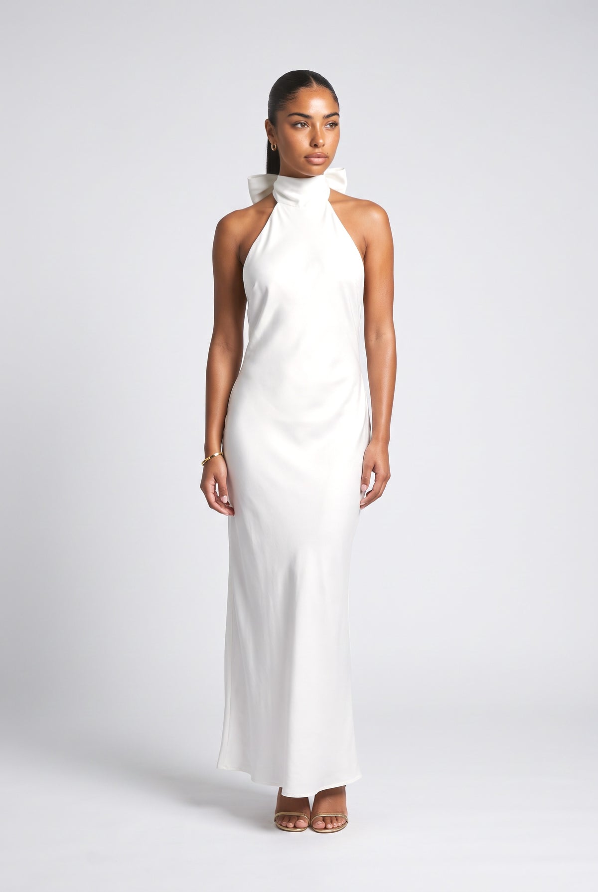 Floral Satin Halter Neck Maxi Dress, white