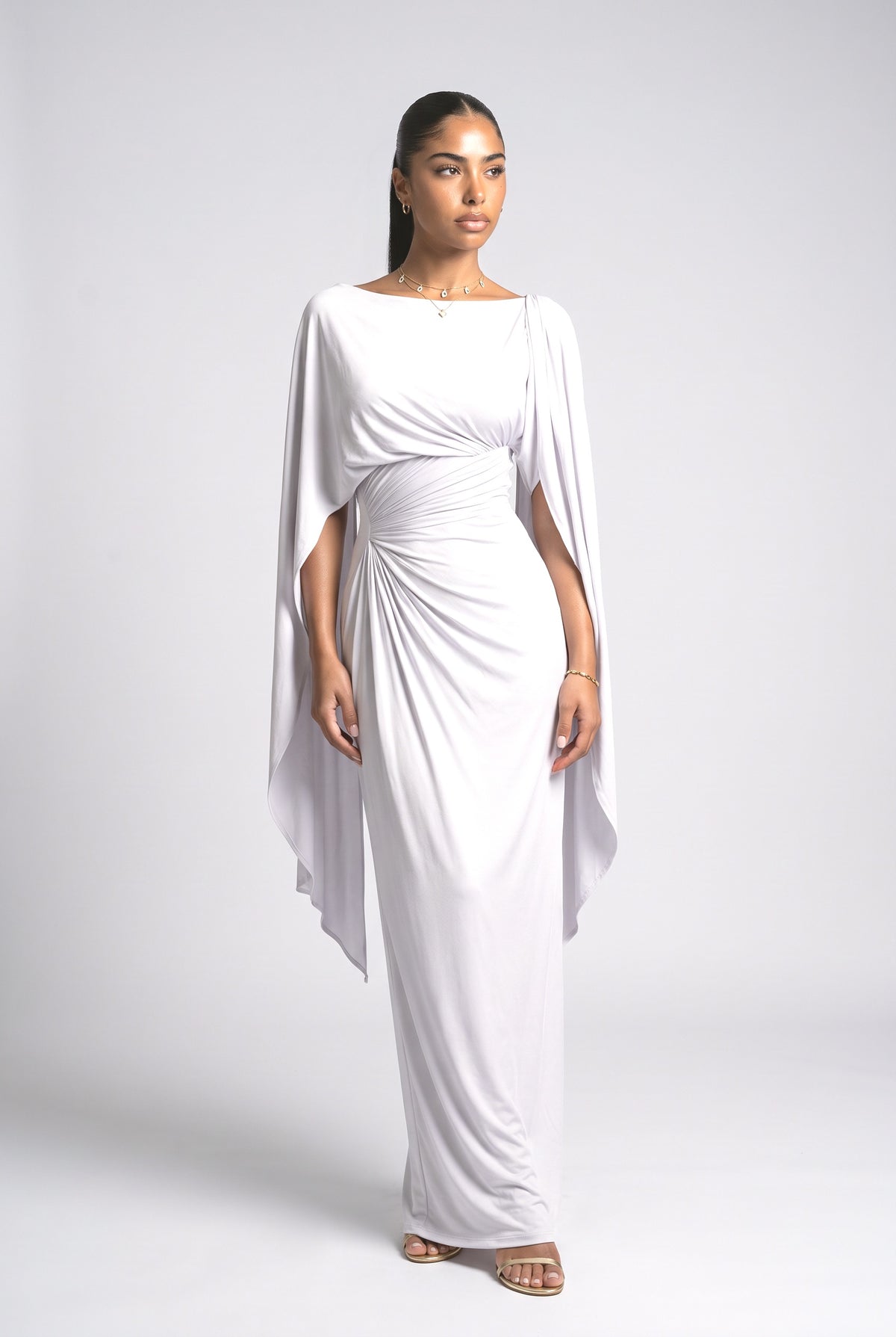 Boat Neck Pleated Slim Fit Maxi Dress, white