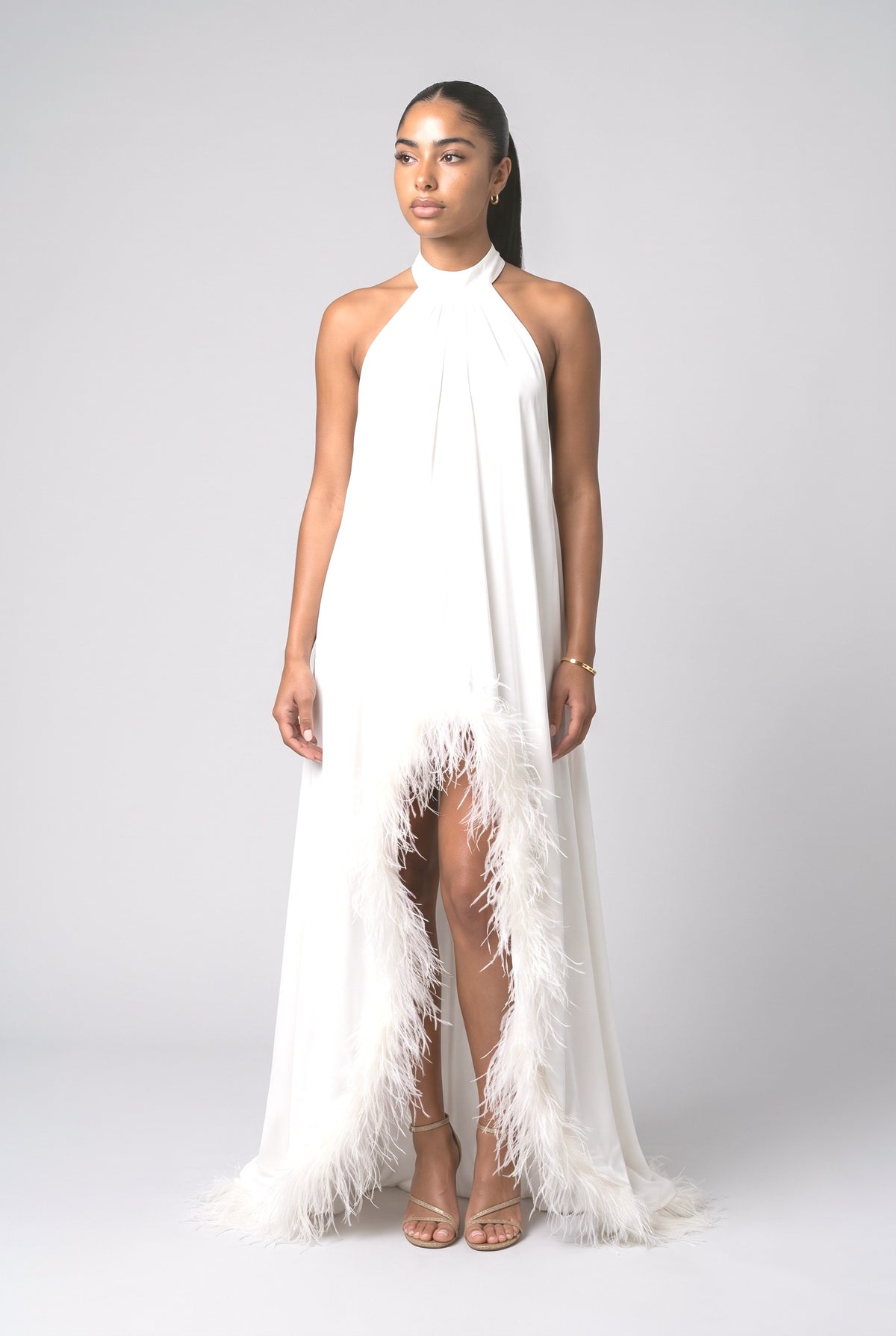 Satin Halter Neck Sleeveless Feather Trim Maxi Dress, white