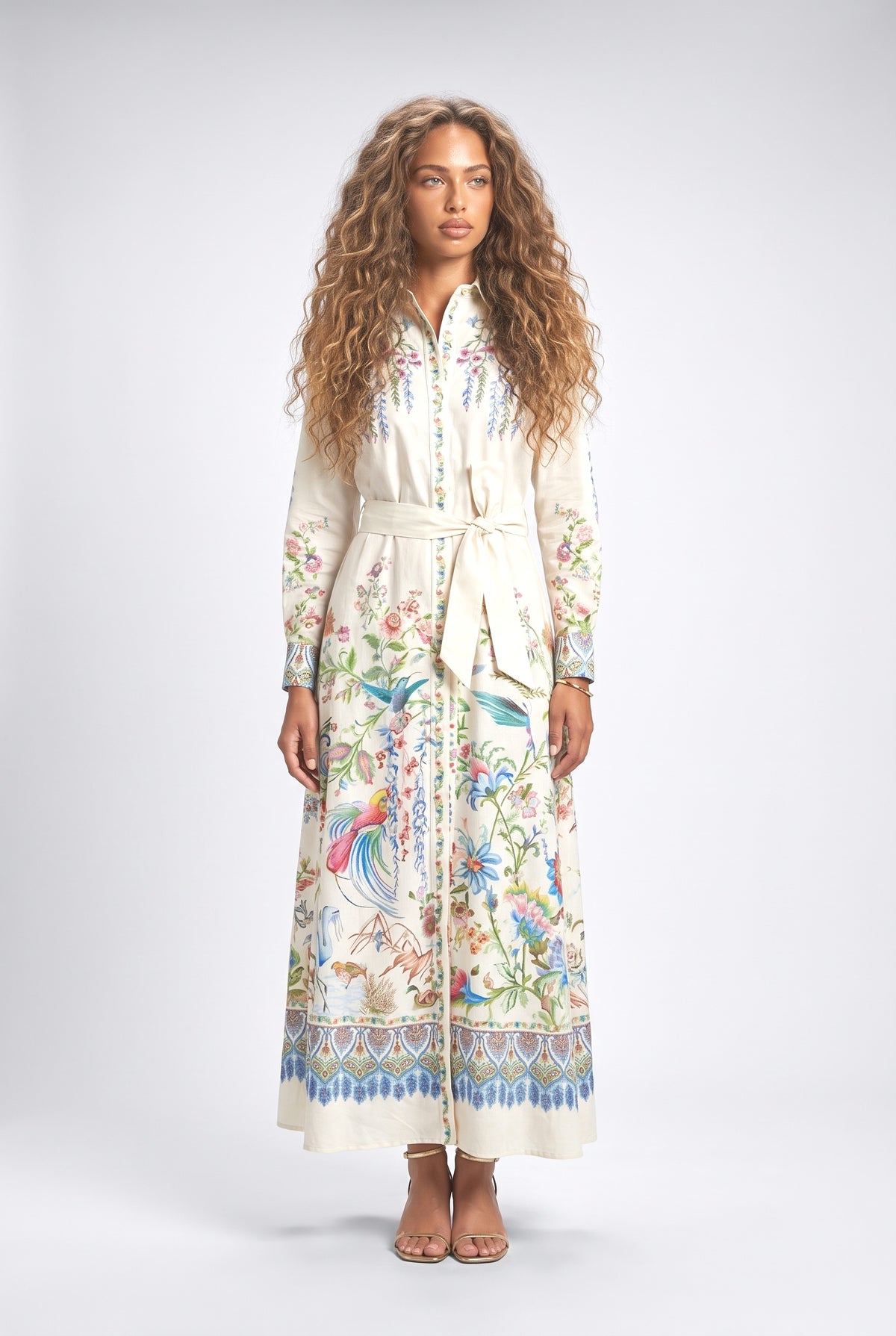 White Print Long Sleeve Maxi Dress, white