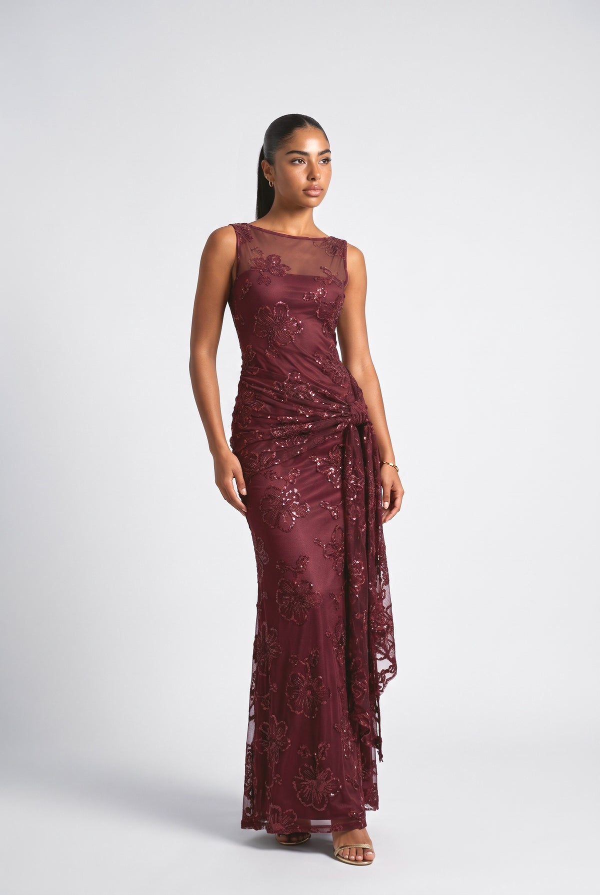 Sequin Jacquard Boat Neck Maxi Dress, wine red
